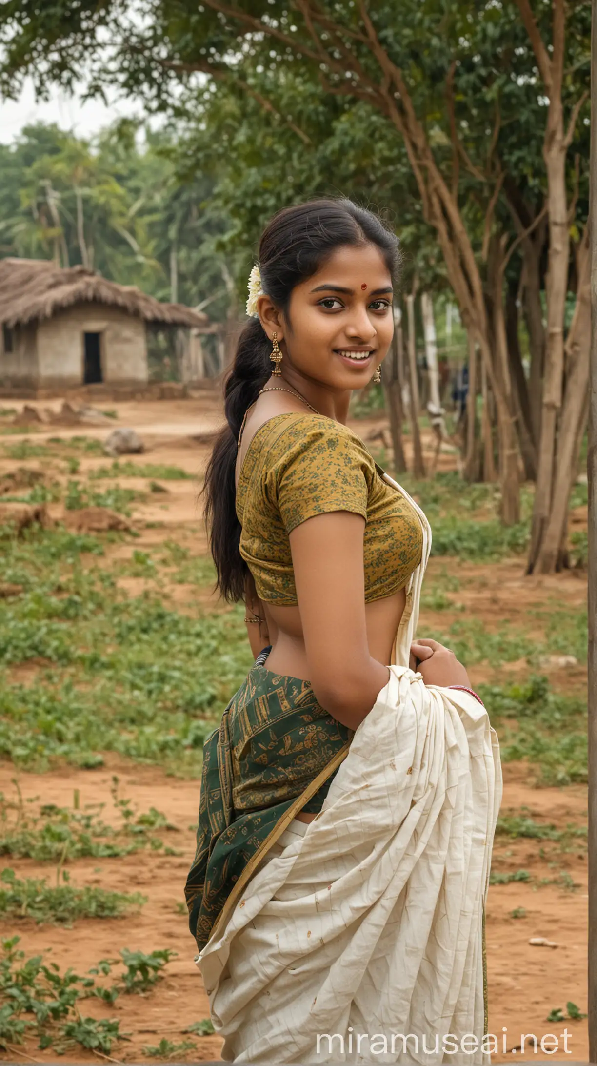Beautiful South Indian Woman in Traditional Attire Against Village Backdrop