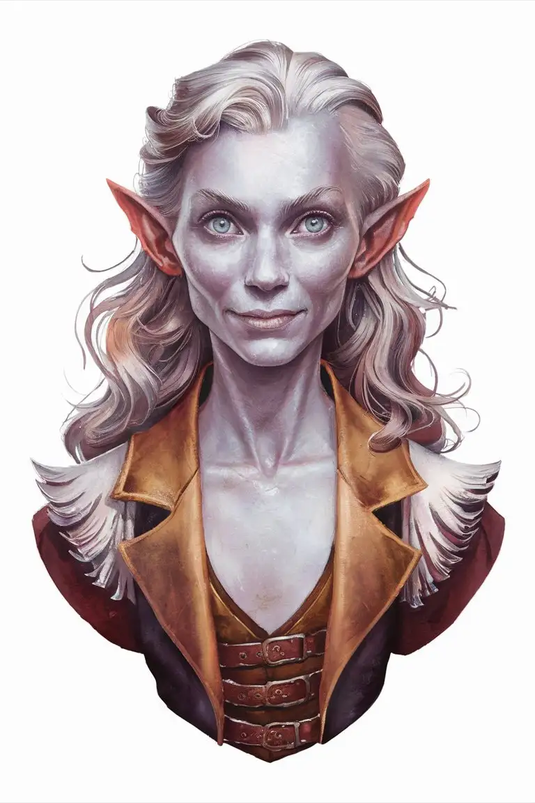 OC changeling, a D&D bard, dnd changeling, a changeling from dungeons and dragons, thin, slender, translucent ((pale white skin)), (wavy undercut long white hair), ((glowing white eyes)), androgynous, flamboyant, nonbinary, pale body, lithe, pointed ears, almond shape eyes, flat chest, charismatic, (bard adventurer clothes), epic, portrait, poster, humanoid, friendly, pretty, character bust, wearing clothes, entertainer,  performer, clean, waistcoat, straight slightly hooked nose, digital art, classic, watercolor, proportionate, anatomical, painting, shapeshifter, haunting face, white skin, all white grey inhuman, colorless skin, hair half-up in bun, colourful bard clothes