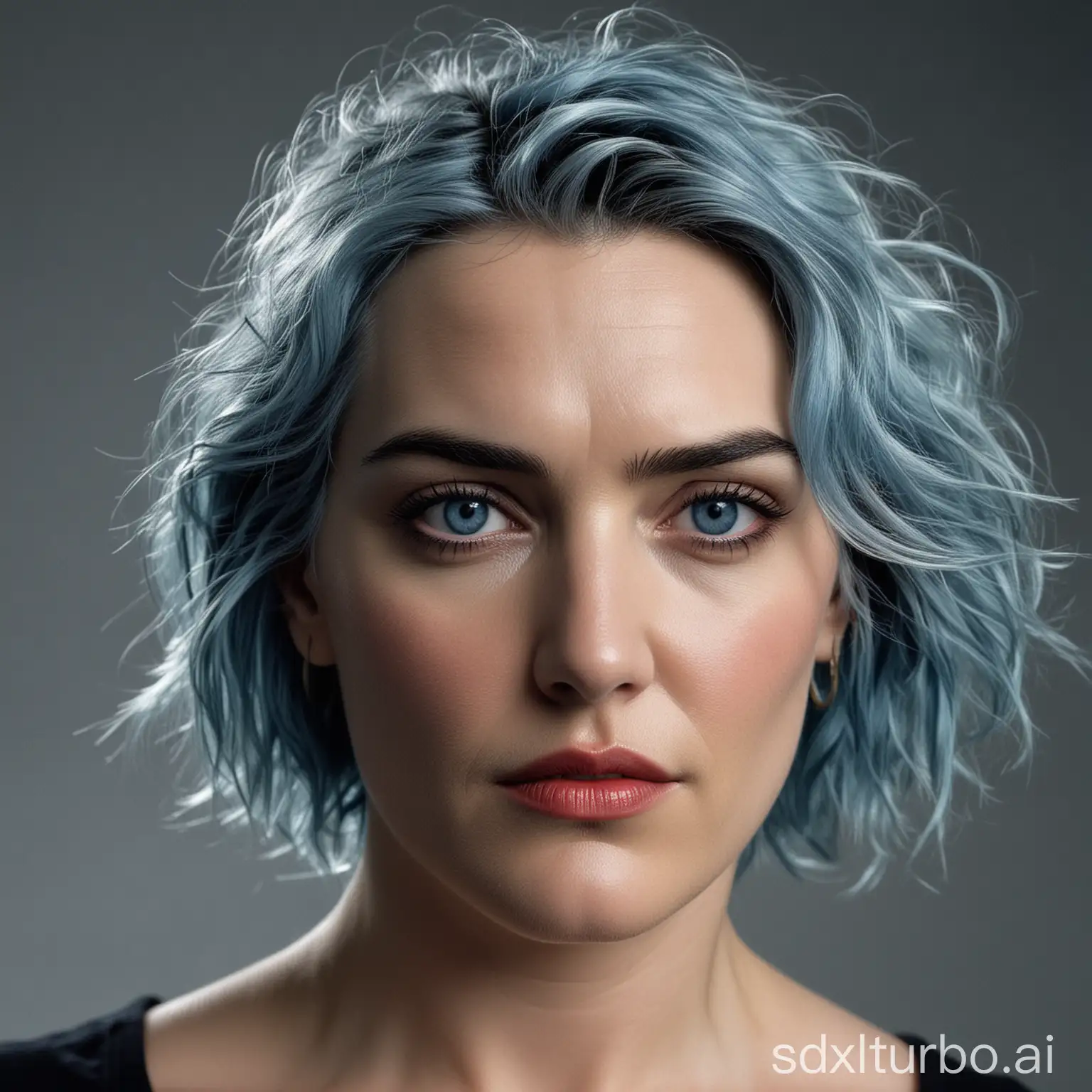 Portrait of Kate winslet, red eyes, blue hairs.