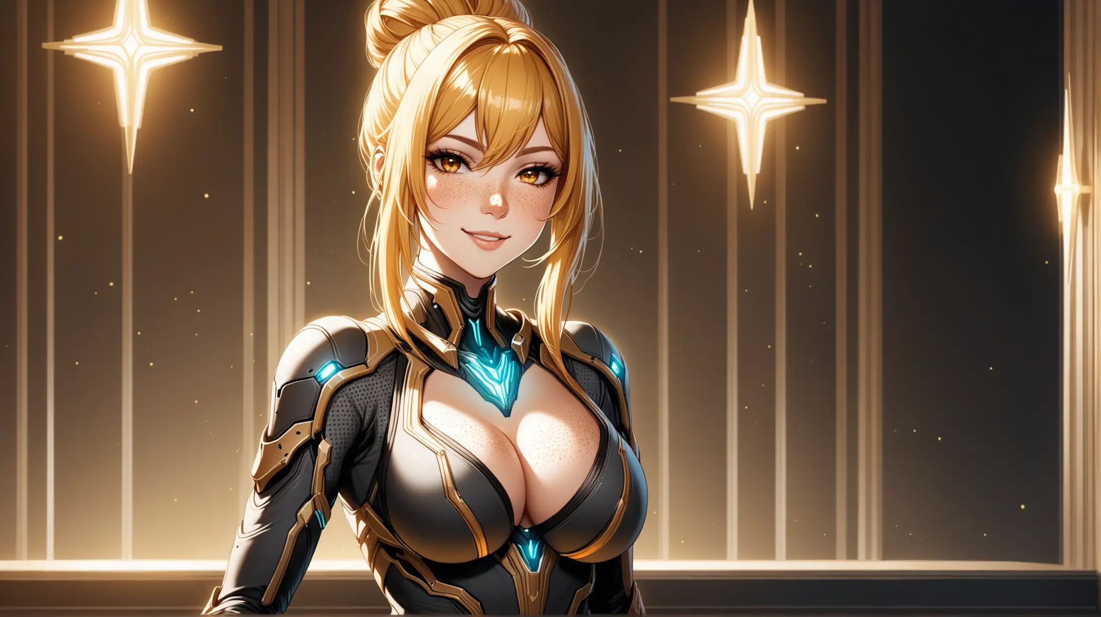 Draw a woman, long blonde hair in a bun, gold eyes, freckles, perky figure, outfit inspired from the game Warframe, high quality, cowboy shot, indoors, seductive pose, cleavage, natural lighting, smiling at the viewer