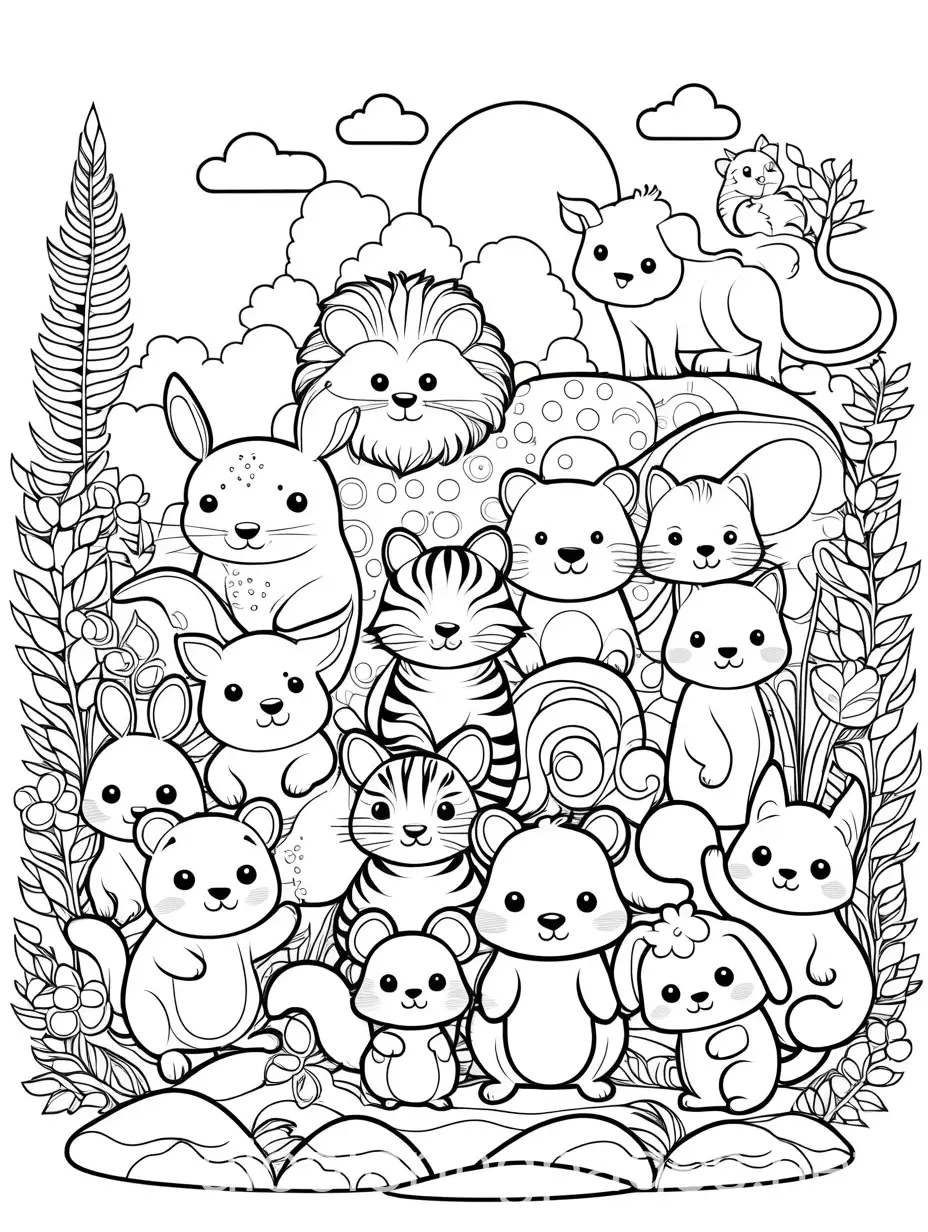 enjoying animals like lion, tiger, rabbit ,elephant, squirrel, kitty in cartoon character, Coloring Page, black and white, line art, white background, Simplicity, Ample White Space. The background of the coloring page is plain white to make it easy for young children to color within the lines. The outlines of all the subjects are easy to distinguish, making it simple for kids to color without too much difficulty