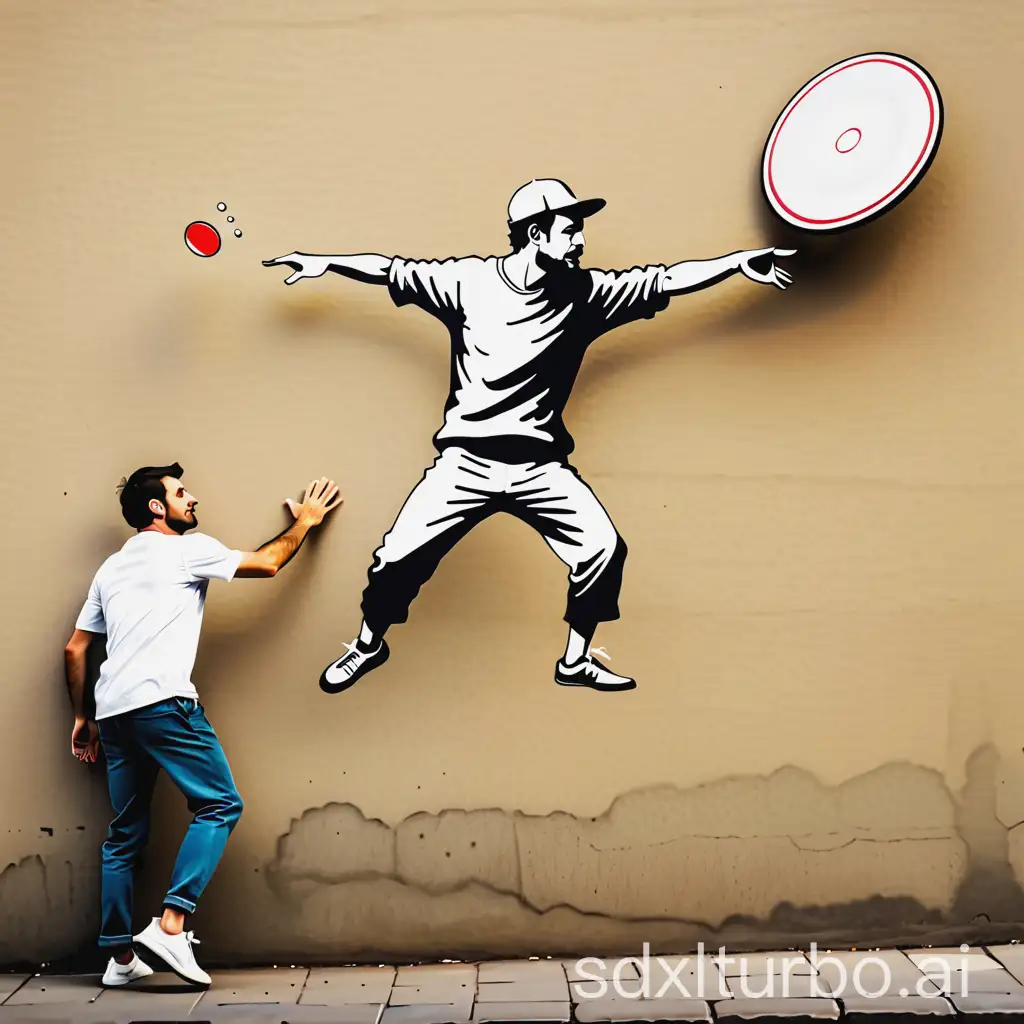 Frisbee player in the style of Banksy