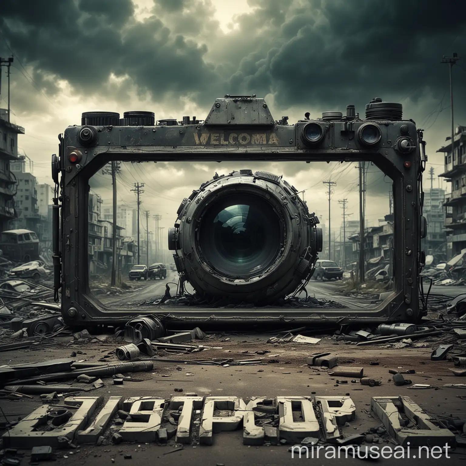 A Dystopia, writing: ''Welcome to Dystopia'', camera picture on it, setting is dystopian world.