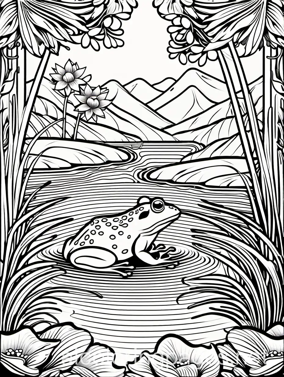 a frog at a pond with waterlilies, trees in the background, by Arthur Rackham, highly detailed, elegant, intricate, very attractive, beautiful, high definition, crisp quality, Coloring Page, black and white, line art, white background, Simplicity, Ample White Space. The background of the coloring page is plain white to make it easy for young children to color within the lines. The outlines of all the subjects are easy to distinguish, making it simple for kids to color without too much difficulty