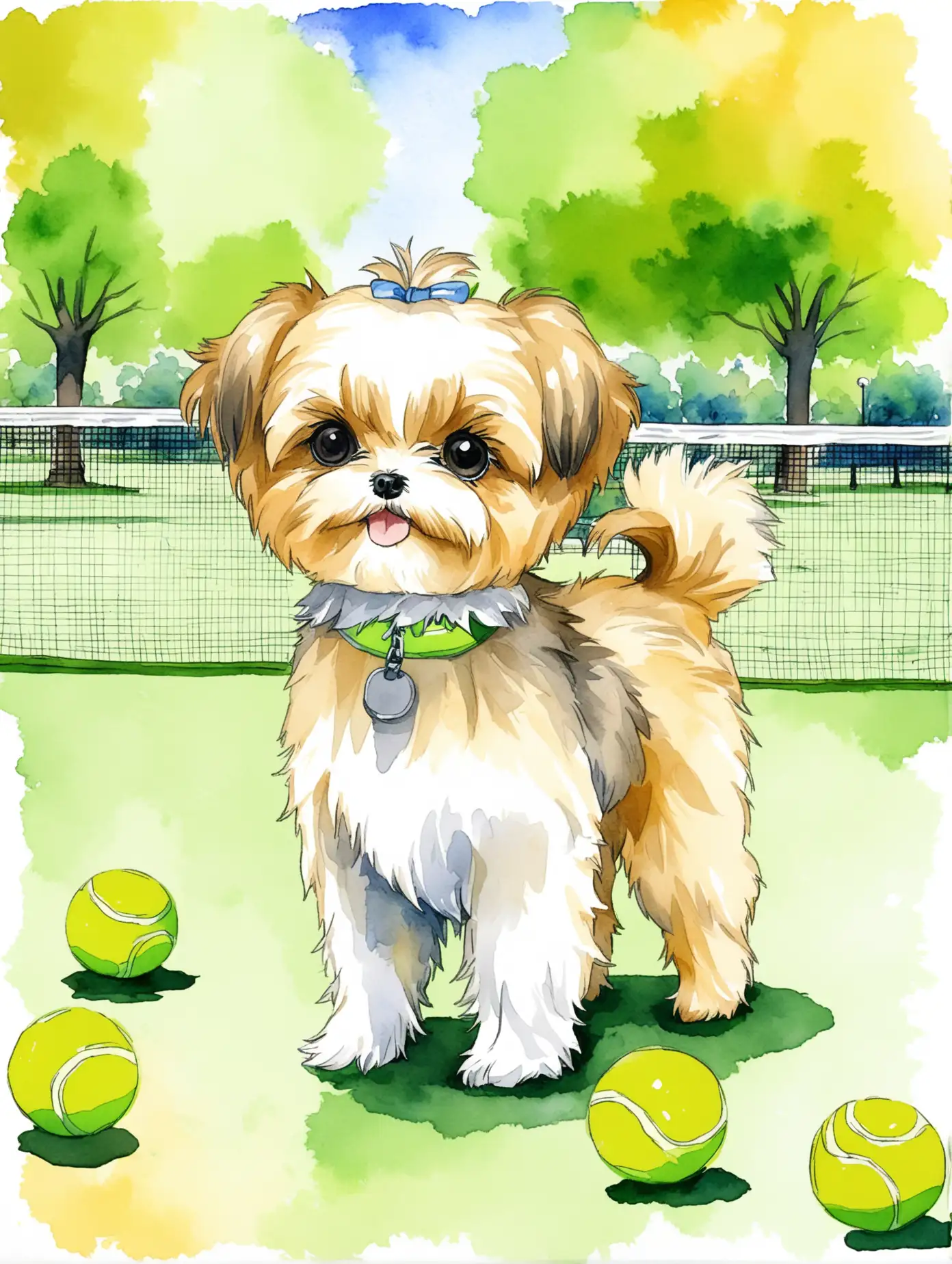 An anime style of cream colored shorkie with green tennis balls standing in a park in watercolor