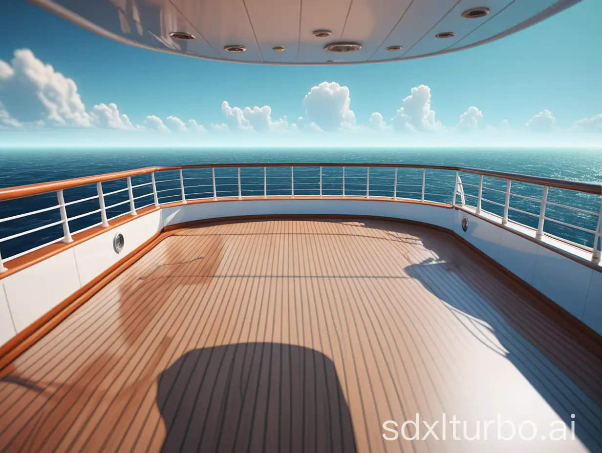 Create an image of a frontal view of the sea from the front deck of a cruise ship. Features include a high-end luxury deck area without any facilities, the area is spacious, flat, clean, first person perspective, close-up, background includes distant high-rise buildings under a clear sky, no other ships on the sea, style Should be clean, detailed and vibrant, evoking a tranquil ocean atmosphere, 3D rendering