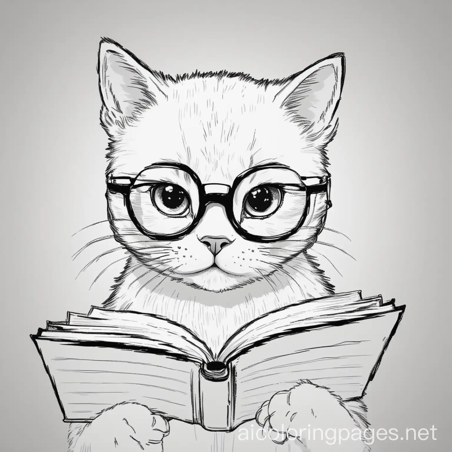 a cat with glasses reading a book, Coloring Page, black and white, line art, white background, Simplicity, Ample White Space. The background of the coloring page is plain white to make it easy for young children to color within the lines. The outlines of all the subjects are easy to distinguish, making it simple for kids to color without too much difficulty