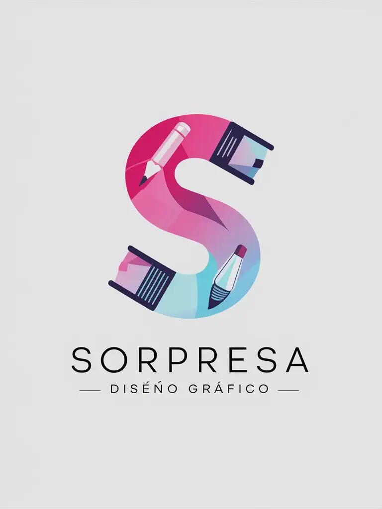 Create a professional logo for Sorpresa Diseño Gráfico By Pilu González that represents graphic design.. Use pink, violet and light blue colors