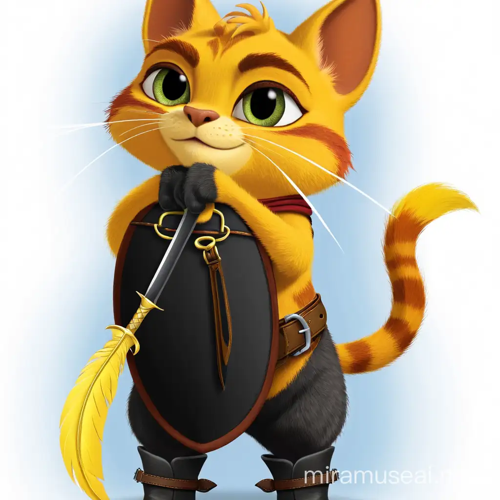 Puss in boots from shrek. cute and funny, minimalist, vector art, colored illustration with a black outline.
Puss is holding a black cavalier hat with a yellow feather. At his belt, he has a fencing foil sword and he is wearing small black Corinthian boots.