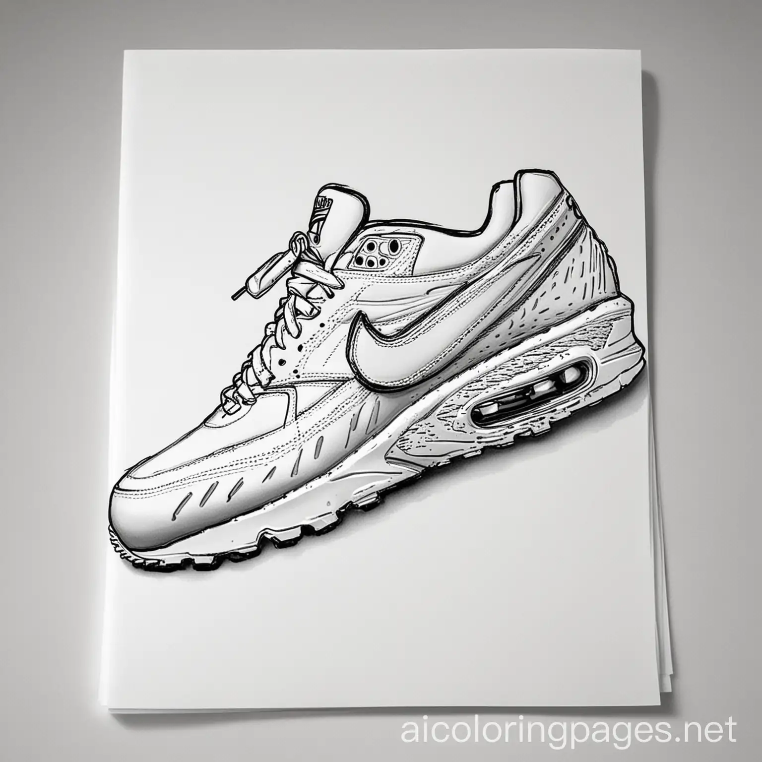 Nike air max BW coloring page, Coloring Page, black and white, line art, white background, Simplicity, Ample White Space. The background of the coloring page is plain white to make it easy for young children to color within the lines. The outlines of all the subjects are easy to distinguish, making it simple for kids to color without too much difficulty
