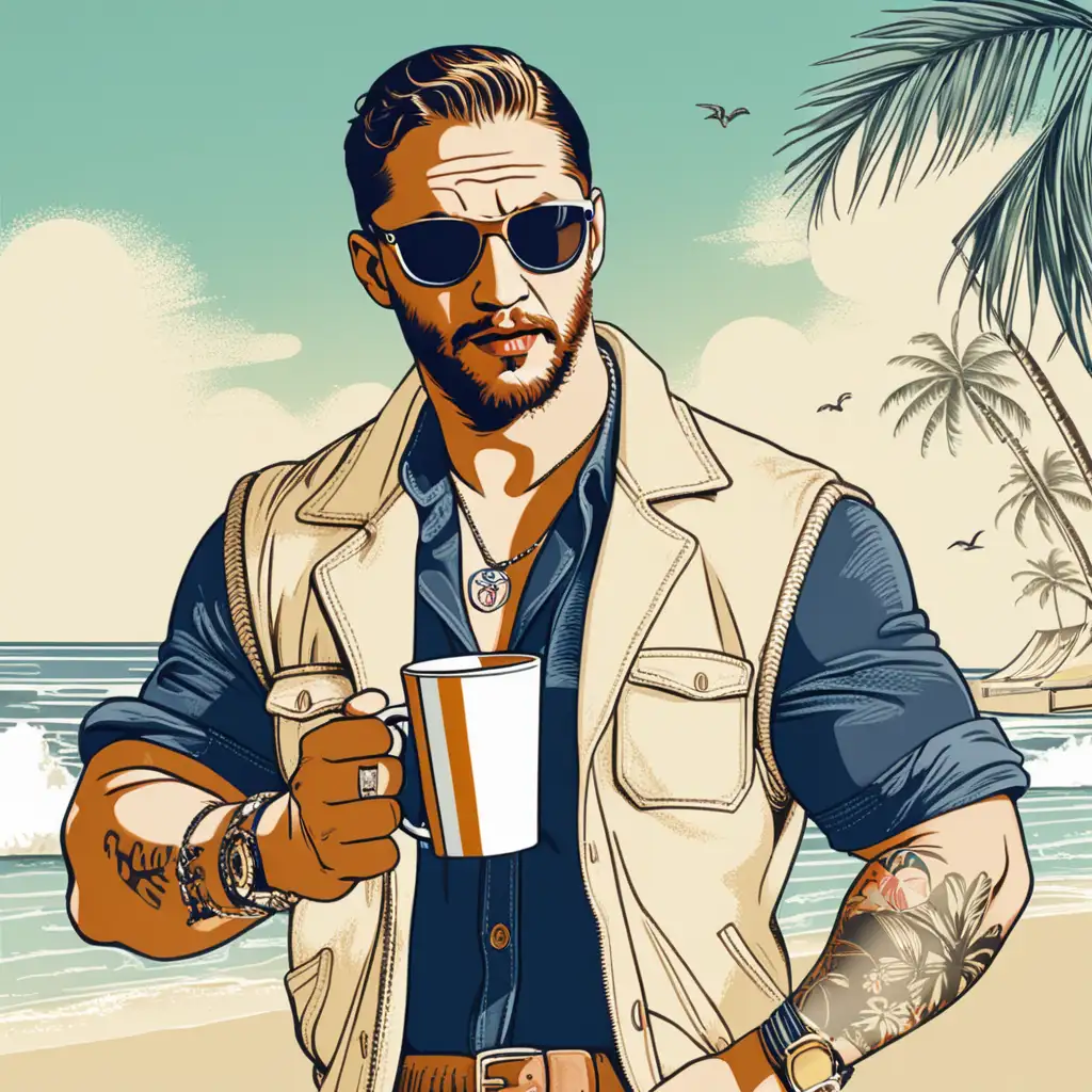 Tom Hardy, holding one cup in one hand, at the beach, wearing sunglasses, retro style artwork.