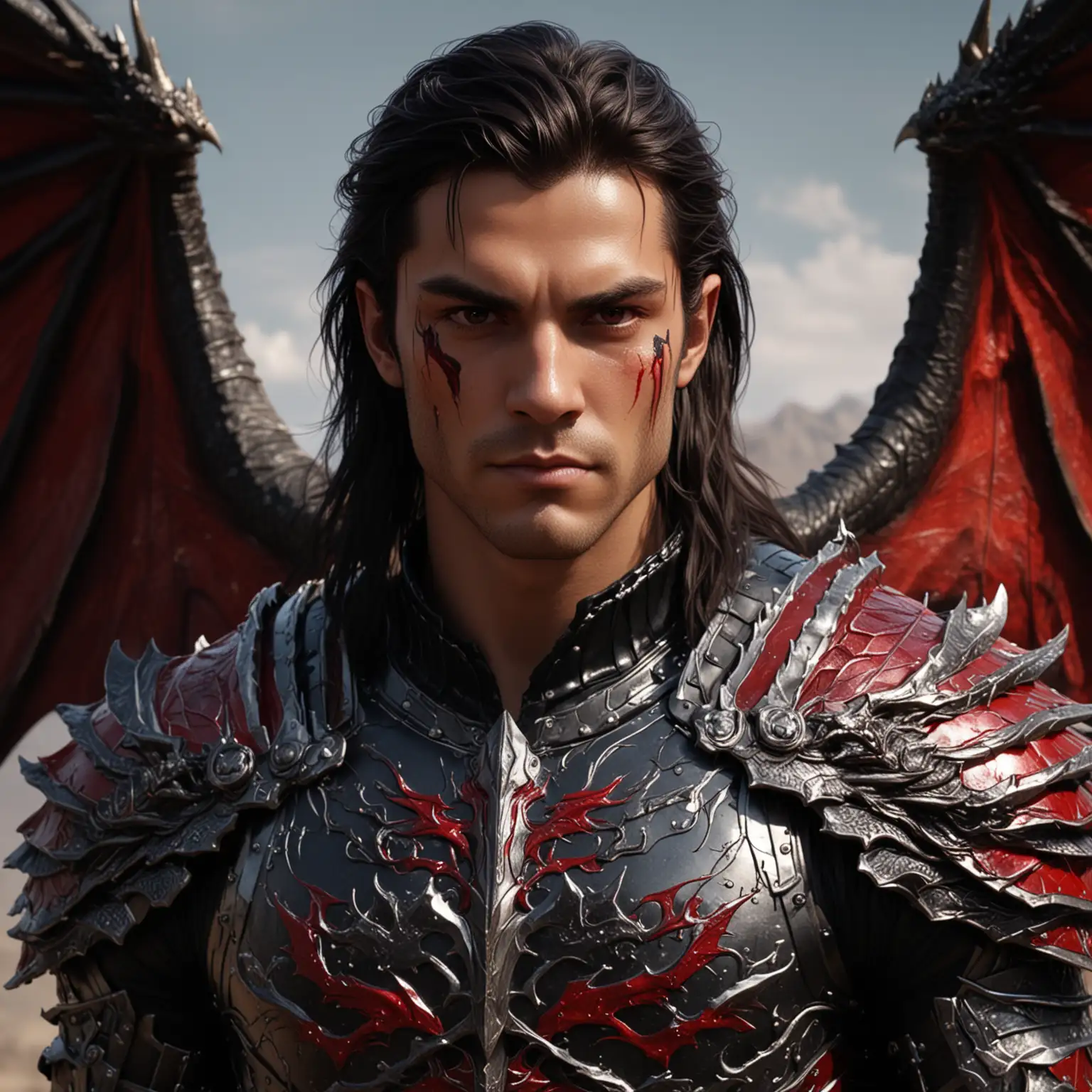 A beautiful man in red and black armour, muscular, with long dark hair and red eyes, dragon wings on his back. captivating, high-quality hyperrealism, 8K Ultra HD. Inspired by Sargent's precision, the artist captures the subtle contours of his face, the subtleties of his eyes.
