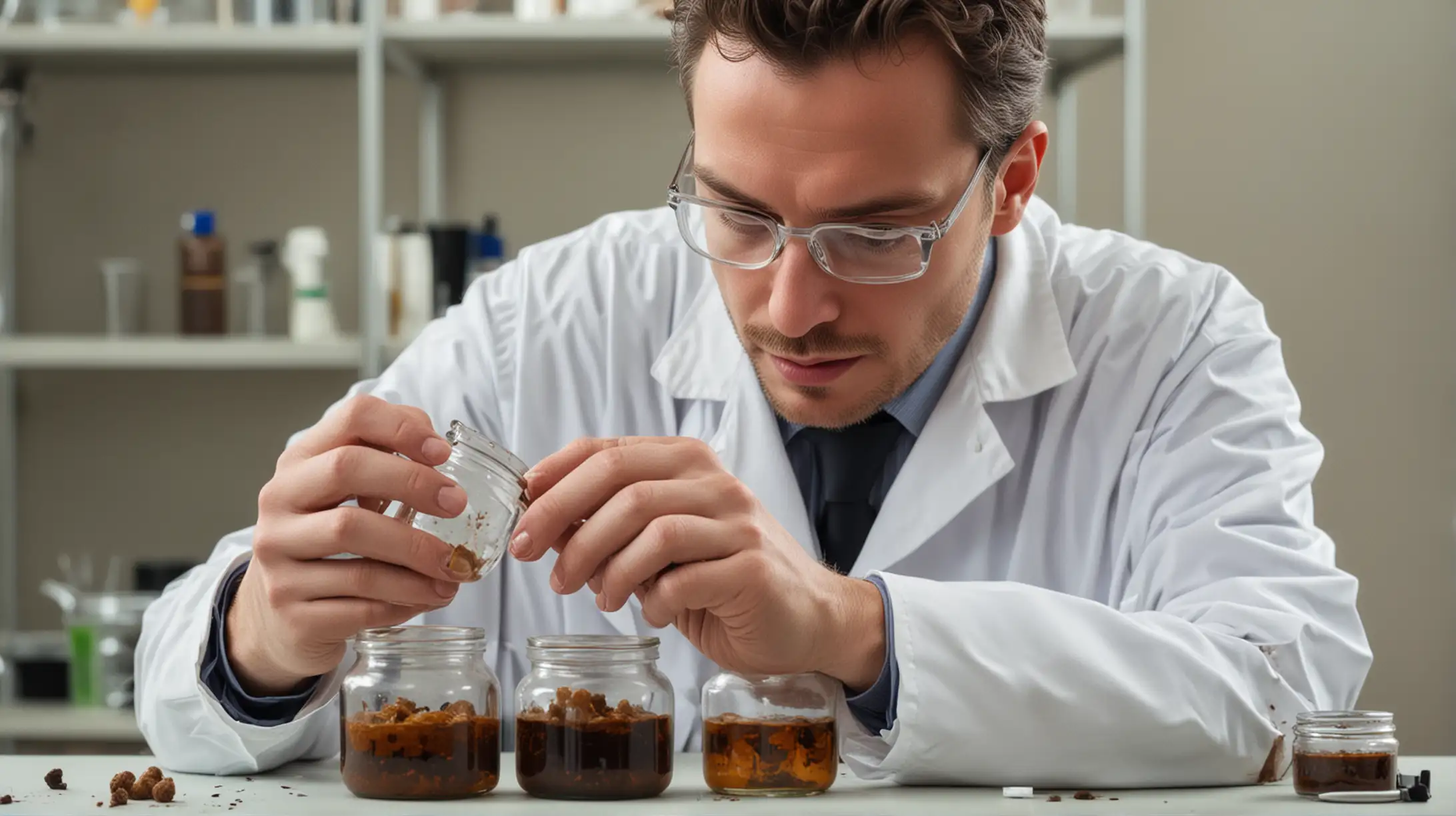 SCIENTIST IN A LAB EXAMINING FECES IN A TRANSPARANT JAR