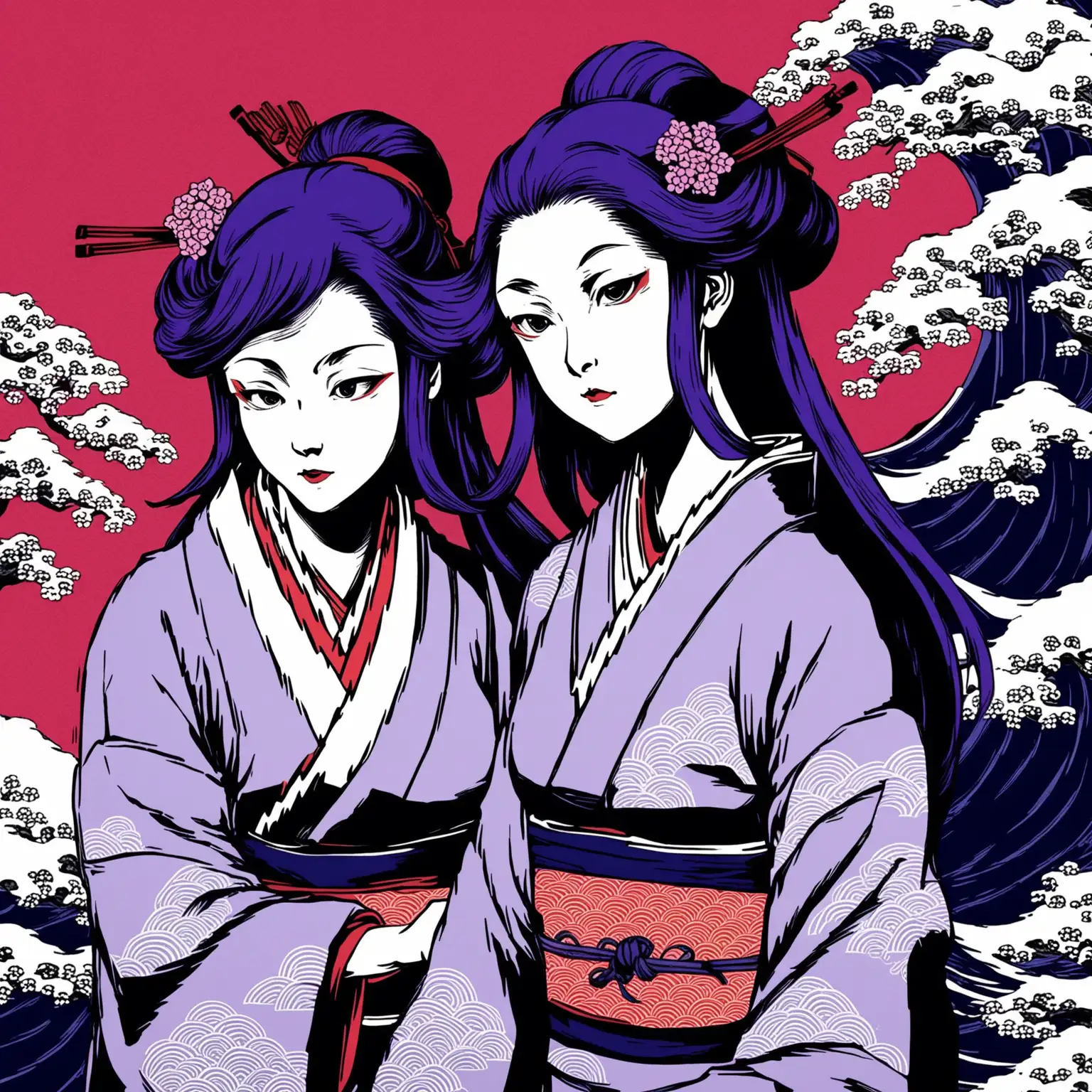 Ukiyo-e style, 2D girls, vivid colors, high contrast, purple tone