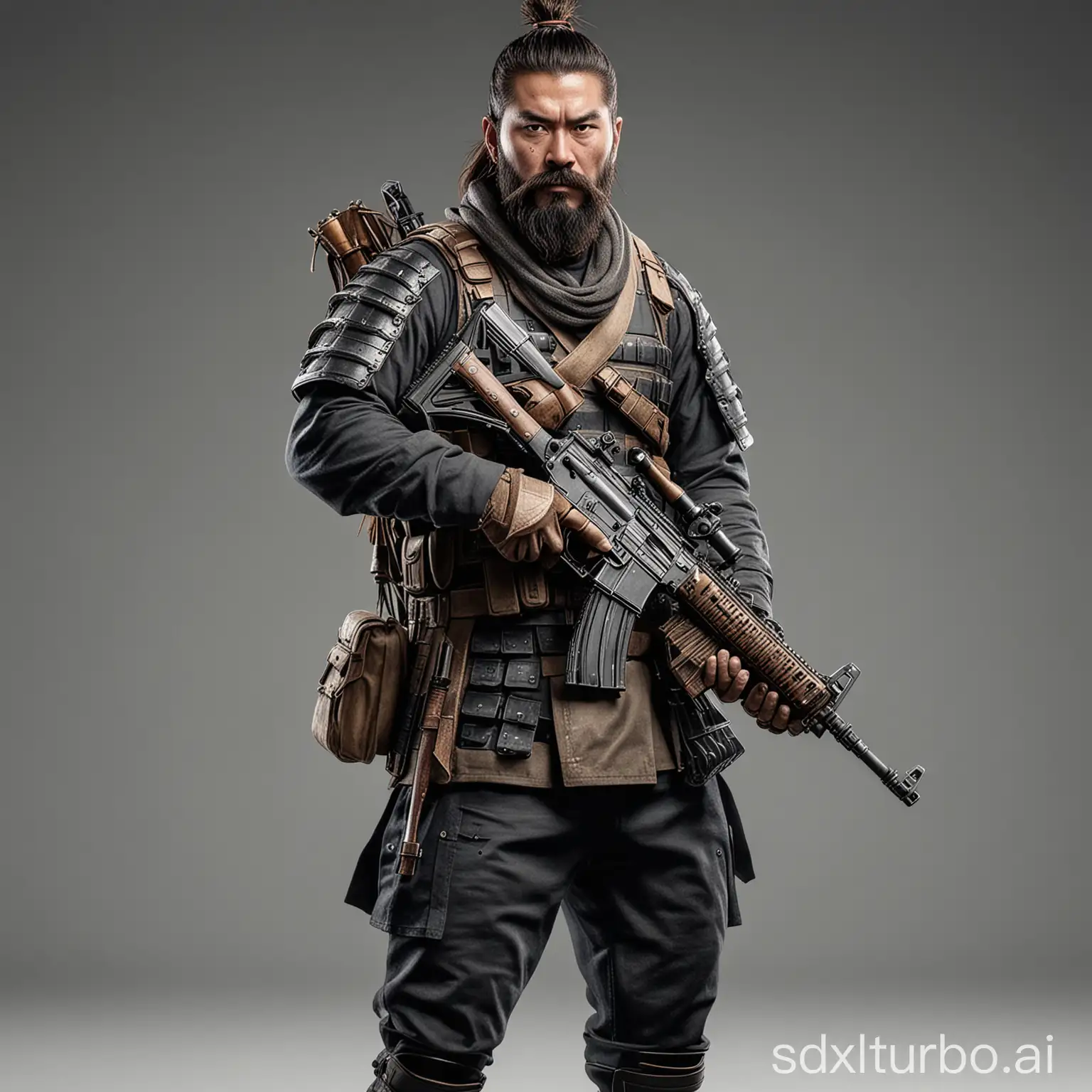 On a plain background is a bearded samurai holding an assault rifle PUBG with full armor in a full body portrait. This is a full body photo realistic high resolution image with sharp clean subject focus