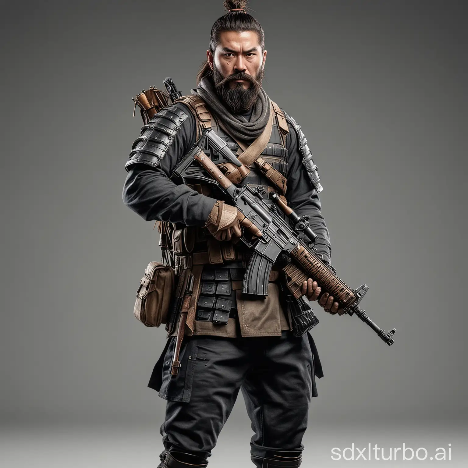 Bearded-Samurai-in-Full-Armor-Poses-with-Assault-Rifle-PUBG