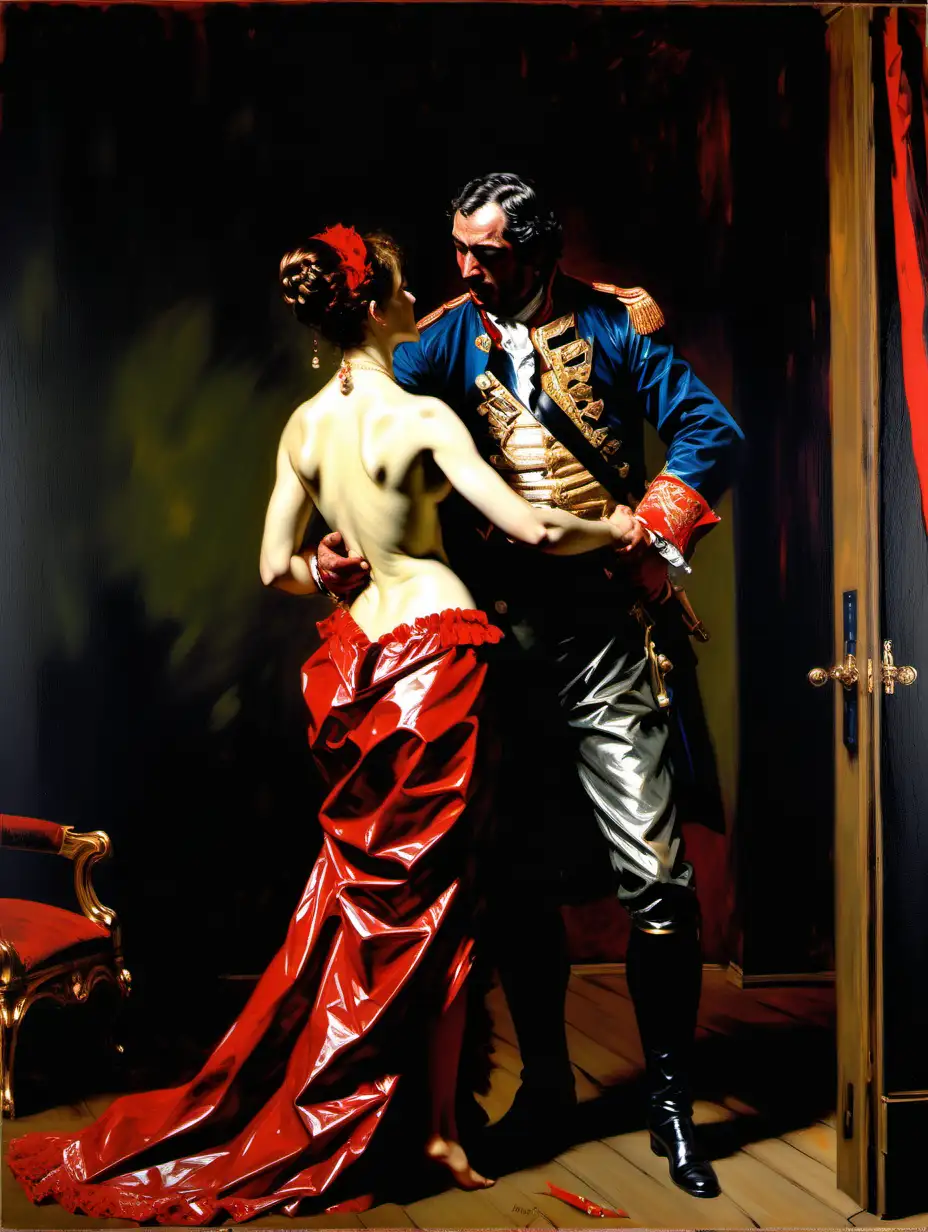 (an expressive painting:1.3), (large strokes style), palette knife style, (Fabian Perez style:1.3) , " The Duc d'Orleans Showing his Mistress to the Duc de Bourgogne " by Eugene Delacroix
Date: 1825 - 1826
Style: Romanticism
Genre: history painting  , nude painting (nu) , rich imperial colors