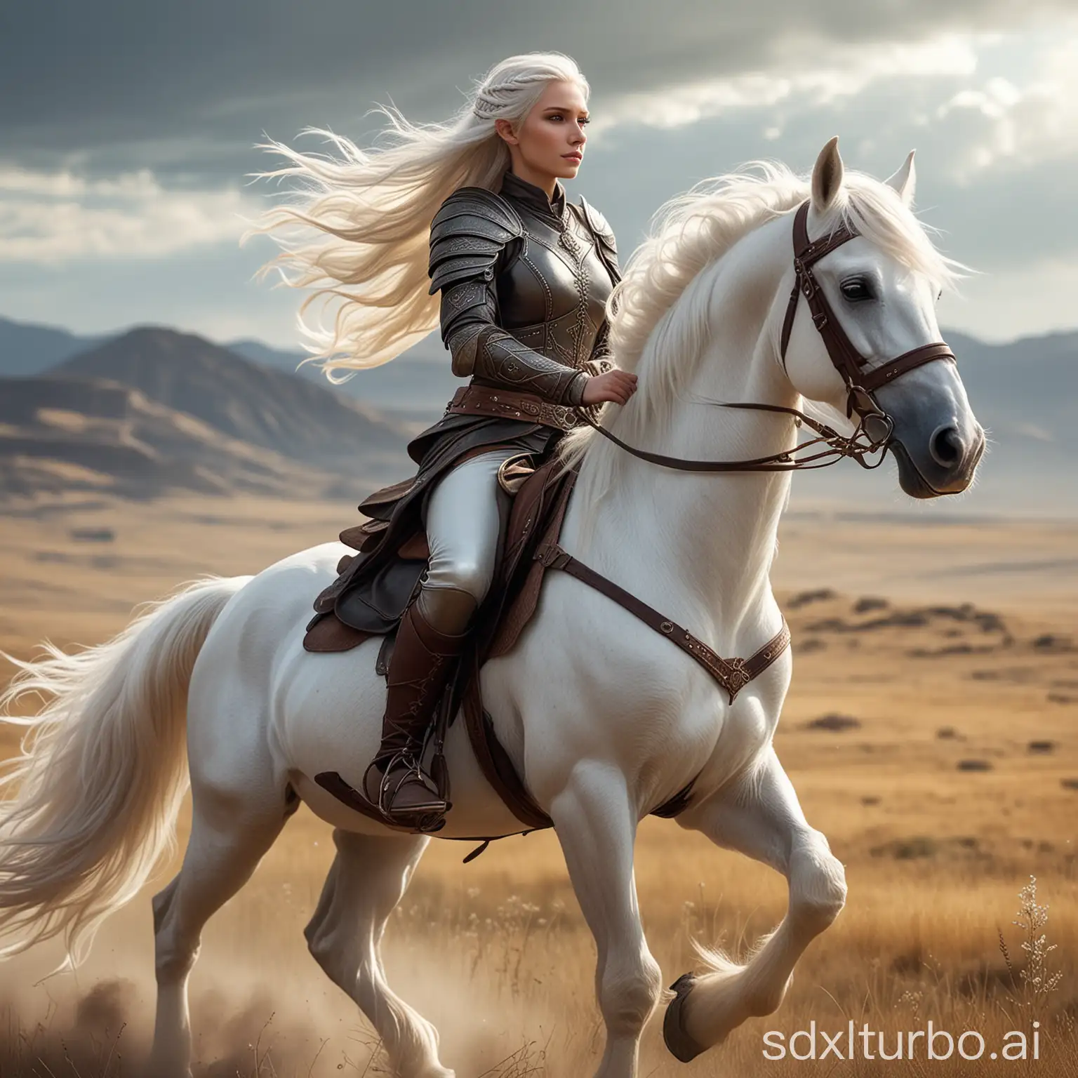 A female elf riding a white horse in the steppe, she has long wild white hair flying in the wind, she wears leather armor, she has a regal self confident vigilant aura