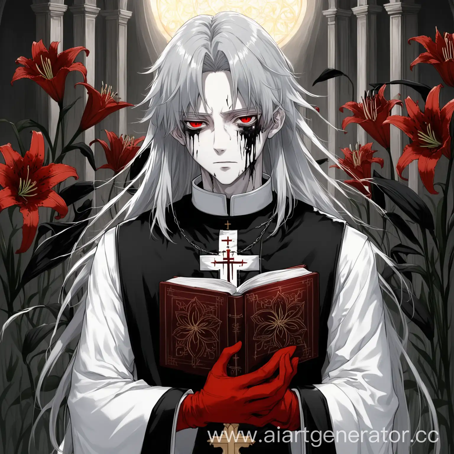 anime boy with gray hair, long hair, red eyes, priest, priest's clothes, carries a book with him, there should be a combination of white red and black, strict look,red gloves, bangs, strands on the sides of the face,lilies, symbolism of black lilies,bruises under the eyes, pale skin