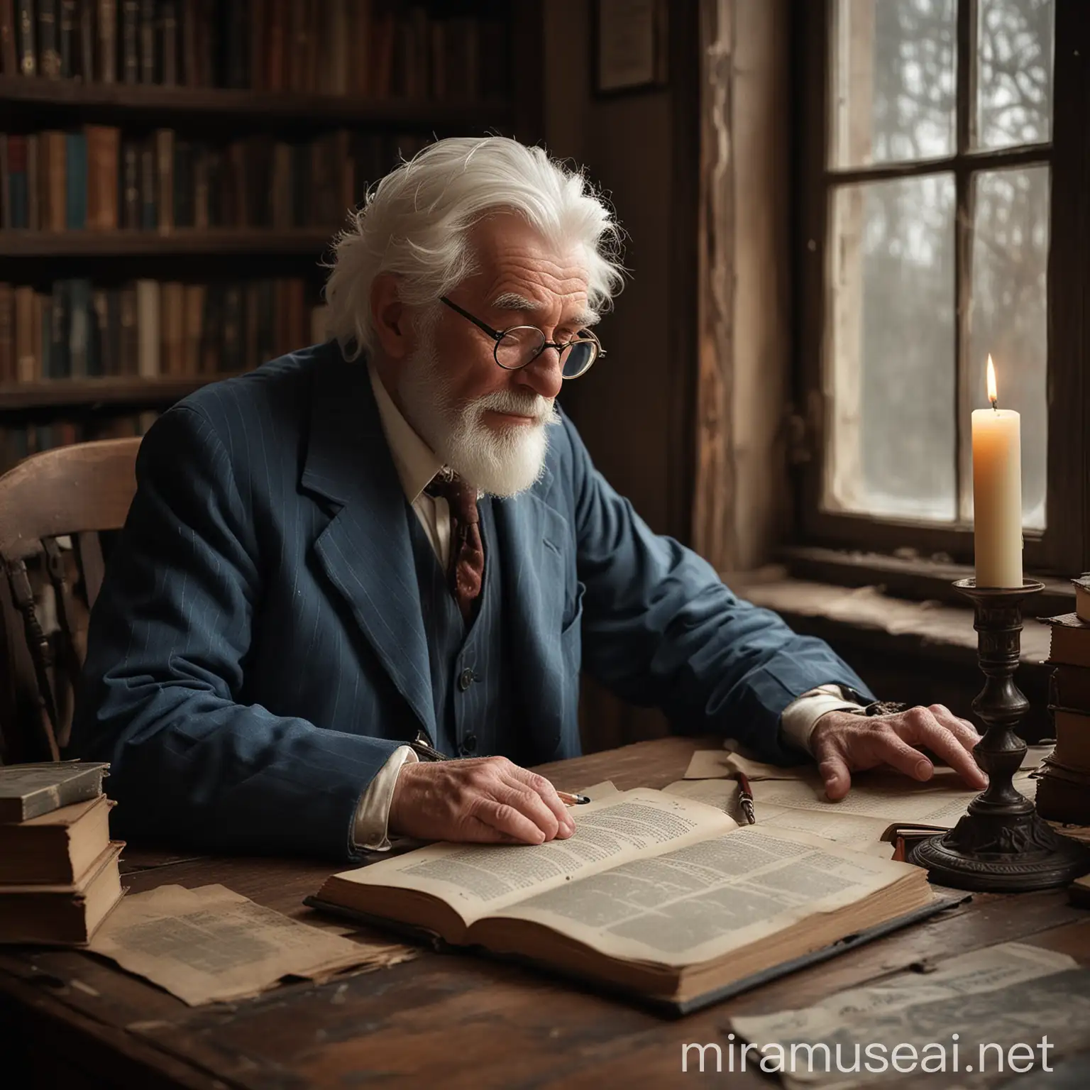 As the midday sun casts a warm glow through the window of his study, an elderly human man sits amidst the comforting embrace of his books and papers. His snow-white hair, neatly gathered, frames a face weathered by time, yet softened by the warmth of his azure eyes. Perched upon the bridge of his nose, a pair of spectacles rests, aiding him in his pursuit of knowledge.

Capture the man's dignified presence as he sits at his desk, clad in a crisp blue pinstripe suit that speaks of a bygone era. His hands, weathered yet steady, cradle an open tome, its pages filled with the wisdom of ages past. Despite the stillness of the room, there is a sense of quiet contemplation about him, as if he is lost in the labyrinth of his own thoughts.

Beside him, a solitary candle stands upon the desk, its flame extinguished, a silent sentinel to the passage of time. The faint scent of melted wax lingers in the air, mingling with the scent of aged paper and leather-bound books, creating an atmosphere of tranquil solitude.

Capture the essence of this elderly scholar as he immerses himself in the boundless realms of literature and learning, his thirst for knowledge undiminished by the years that have passed.