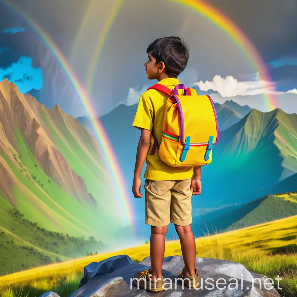 indian boy with yellow backpack, standing on mountains, rainbow in background, vivid colors