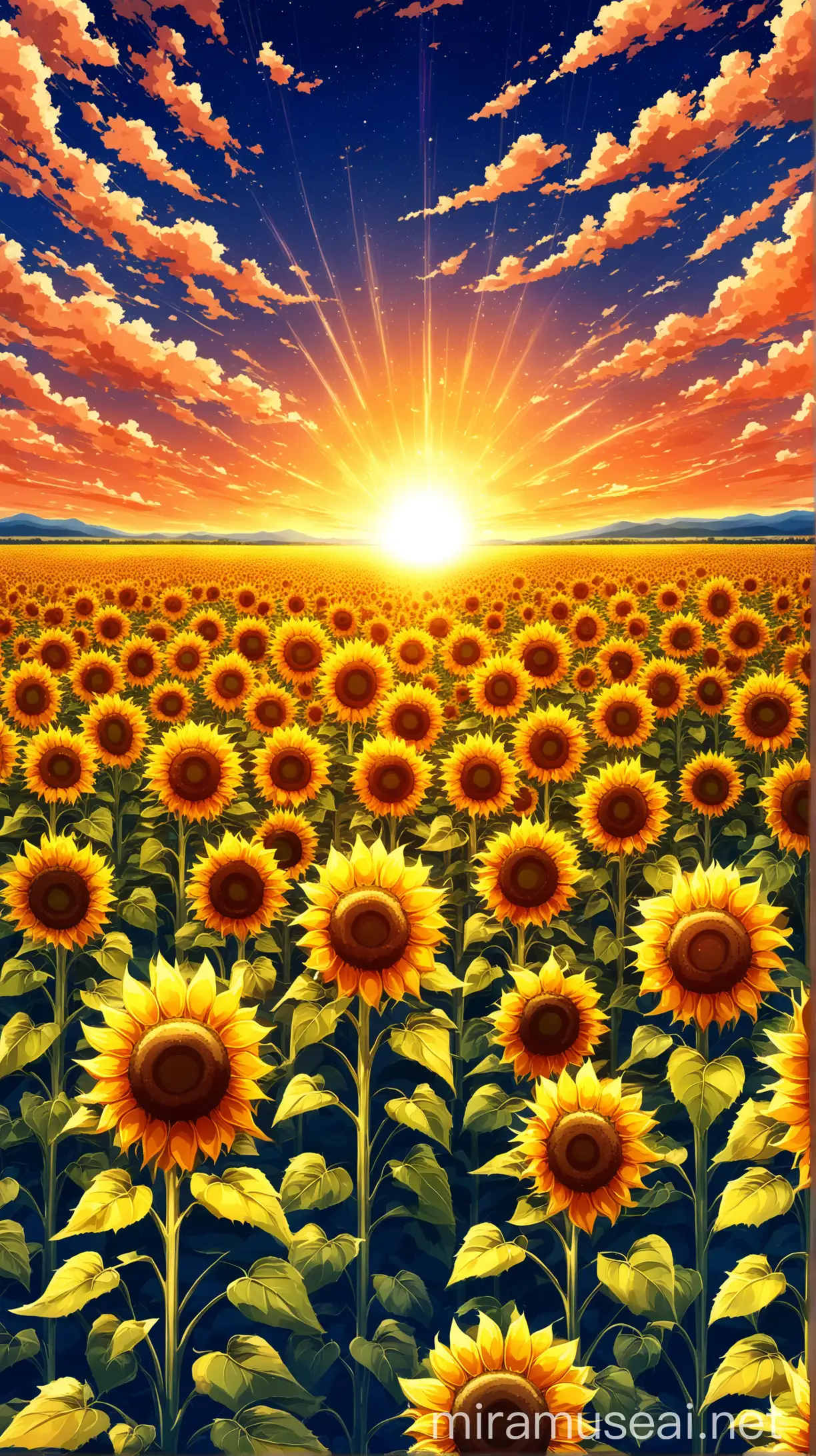 Mesmerizing Sunset Sky Over Sunflower Field Anime Vector Wallpaper