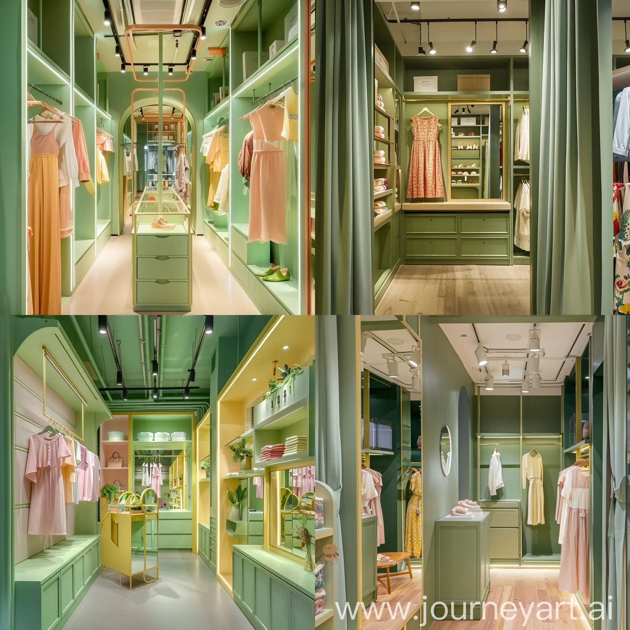 островок по продажи женской одежды где есть примерочная вешалки по низу полки зеркало оборудование для торговли женской одежды посреди прохода
зеленый цвет