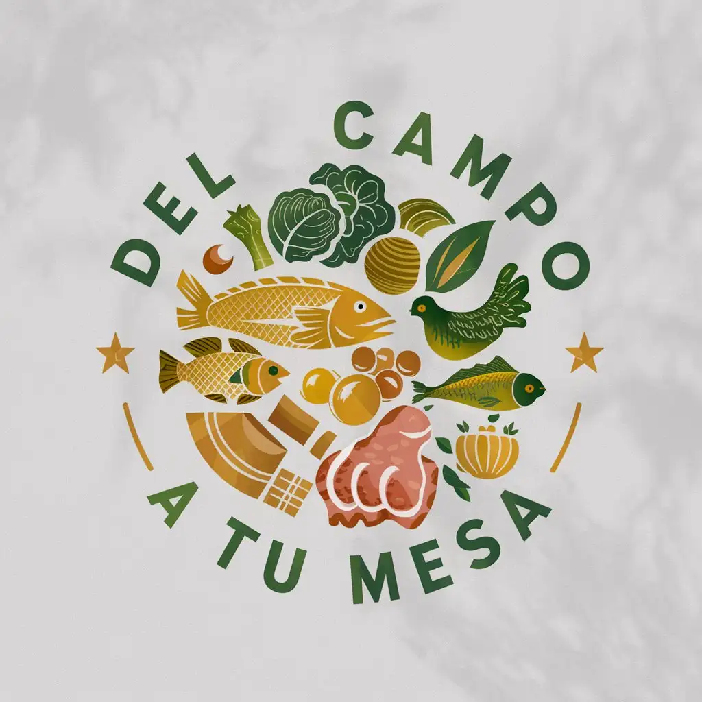 a logo design,with the text "Del campo a tu mesa", main symbol:The company is dedicated to delivering farm products such as vegetables tubers fish chickens eggs cheese pork the idea is a logo with that type of information it's organic products highlighting those themes,Moderate,clear background