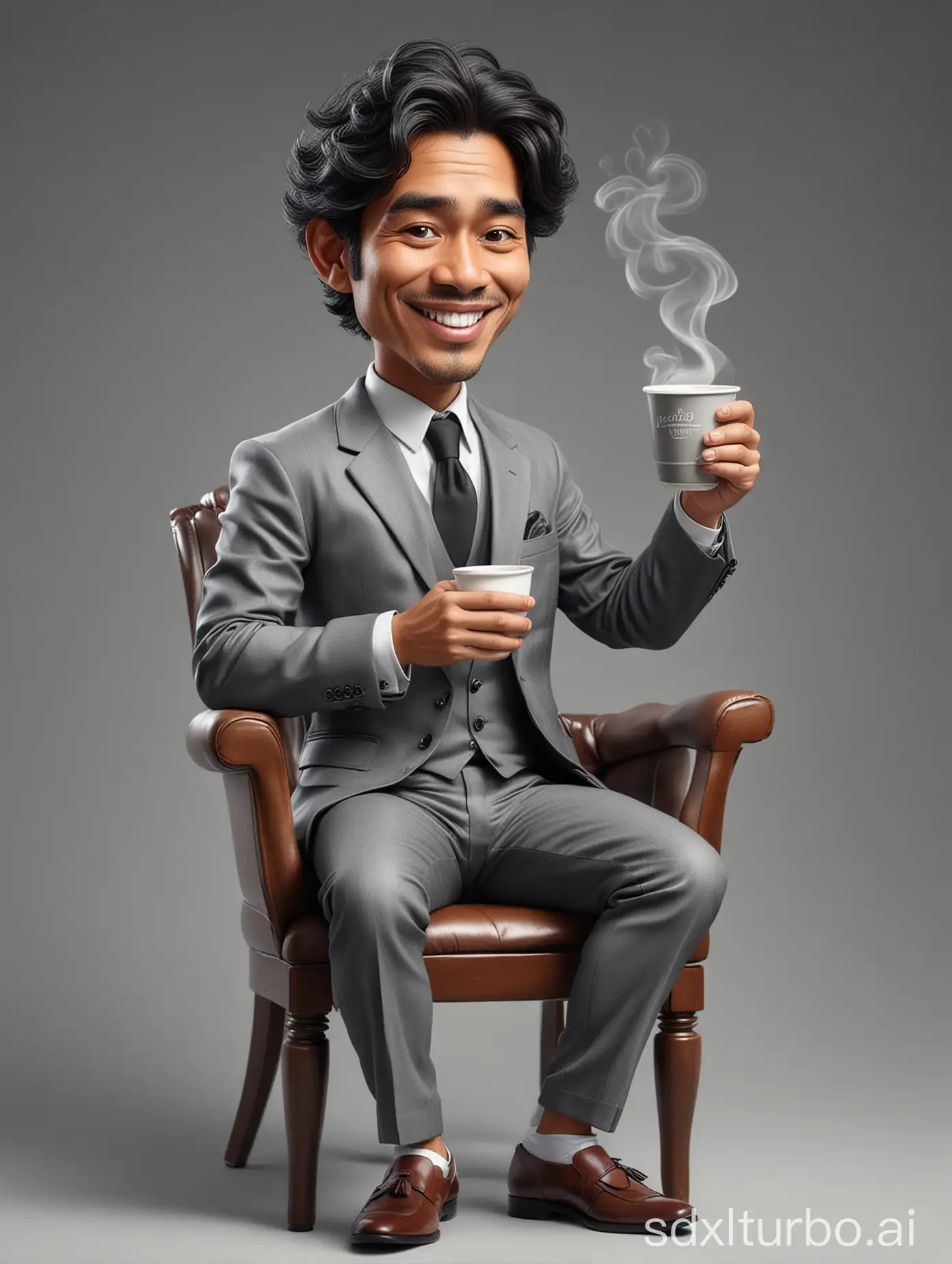 Realistic 4D caricature of an Indonesian man aged 35yo, wavy hair, wearing a suit, loafers, sitting on a chair with his right hand holding a steaming cup, grey gradient background