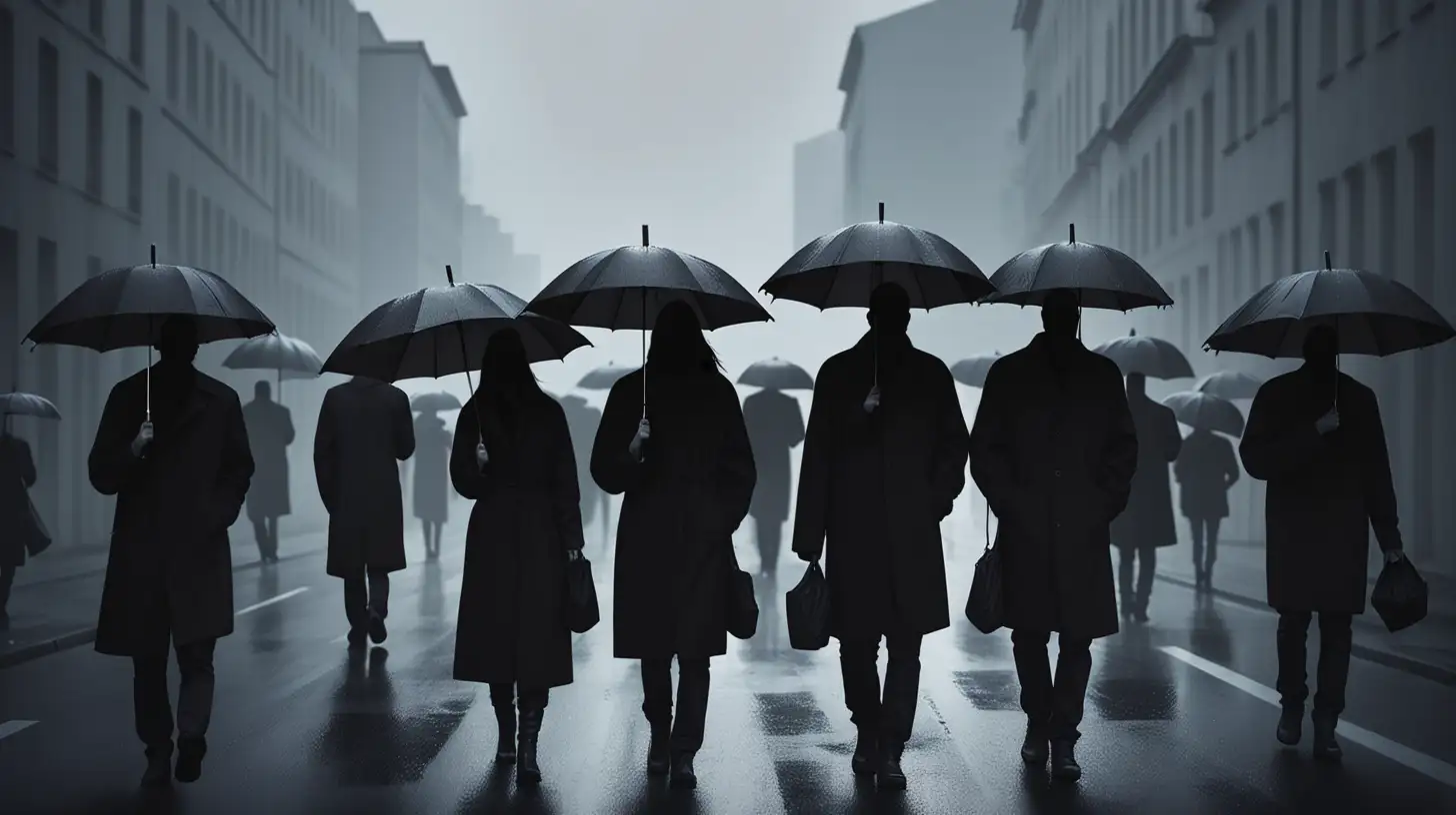 темные силуэты людей в темной одежде с зонтами  идут  поперек  дороги  на сером фоле плакат  постер