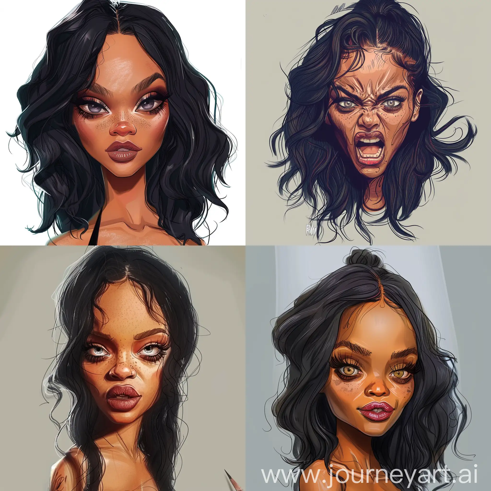 Desenhe Rihanna em uma caricatura que destaque seu rosto de forma exagerada, com seus cabelos volumosos e ondulados, olhos expressivos e marcantes, uma boca cheia e sensual, um nariz delicado e bem definido. Certifique-se de capturar sua personalidade vibrante e confiante."