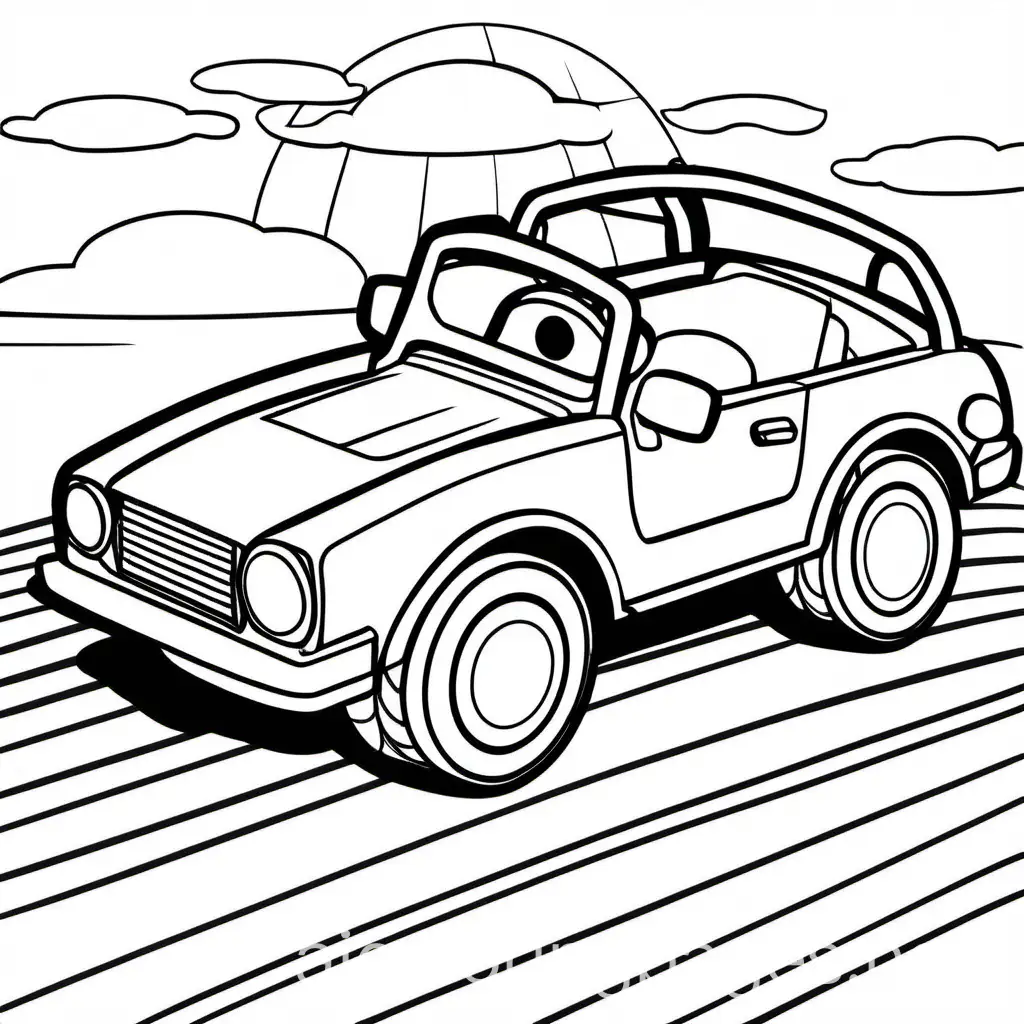 kids car, Coloring Page, black and white, line art, white background, Simplicity, Ample White Space. The background of the coloring page is plain white to make it easy for young children to color within the lines. The outlines of all the subjects are easy to distinguish, making it simple for kids to color without too much difficulty