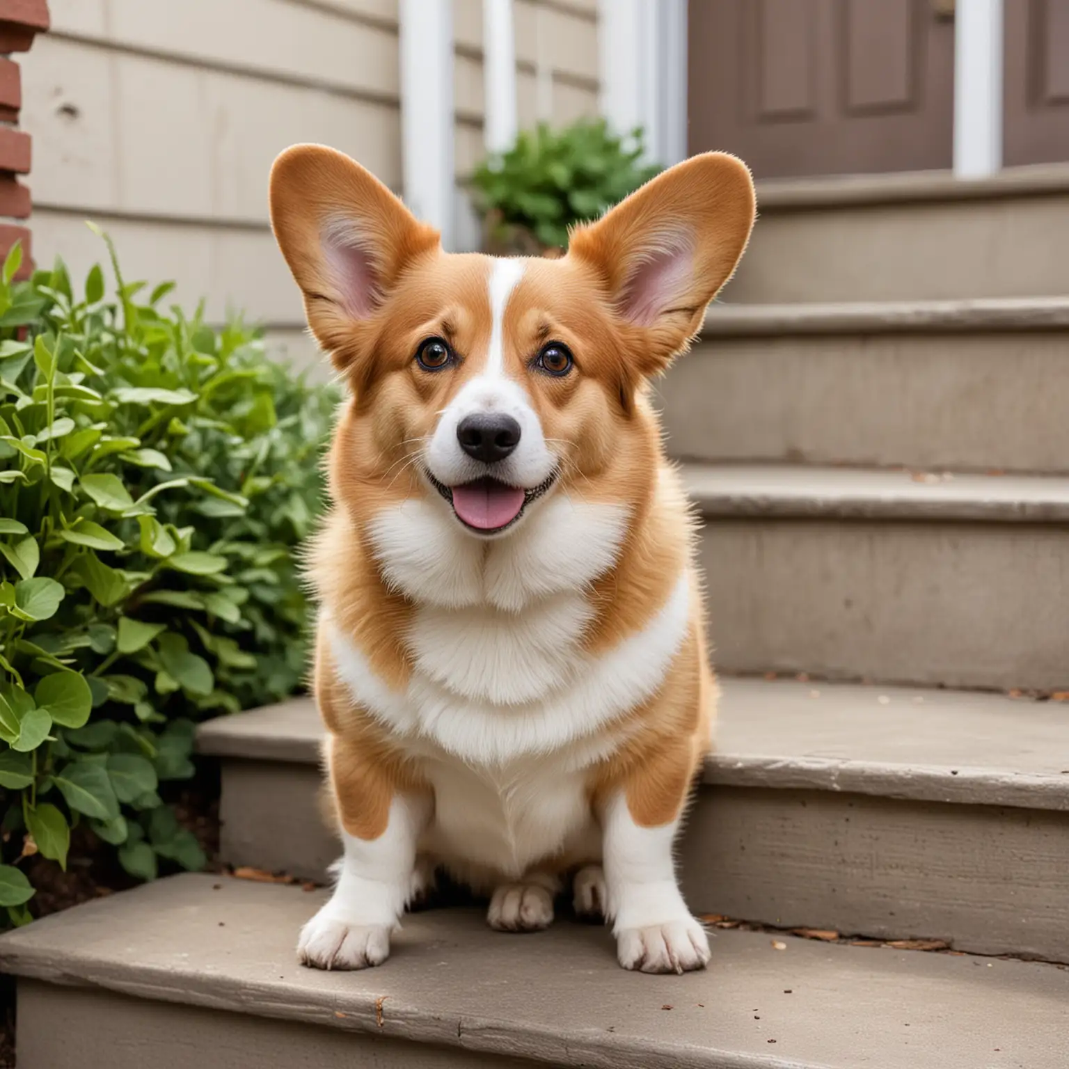 image of a handsome  Pembroke Welsh Corgi  standing on the bottom steps of a stairway from the backyard into the house