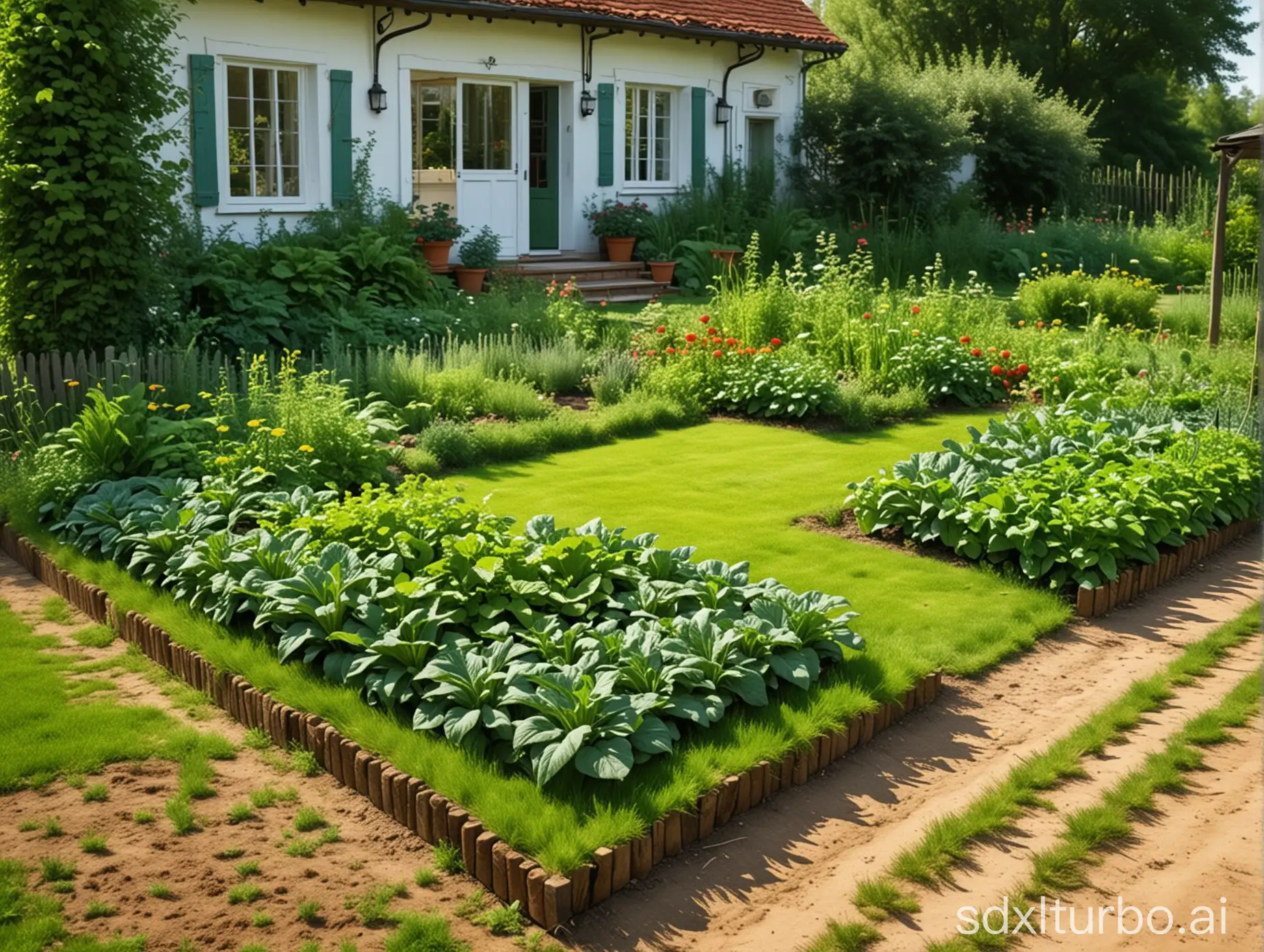 A GREEN LAWN, A SUNNY DAY, REALISM, A COUNTRY HOUSE, VEGETABLES GROW IN THE BEDS