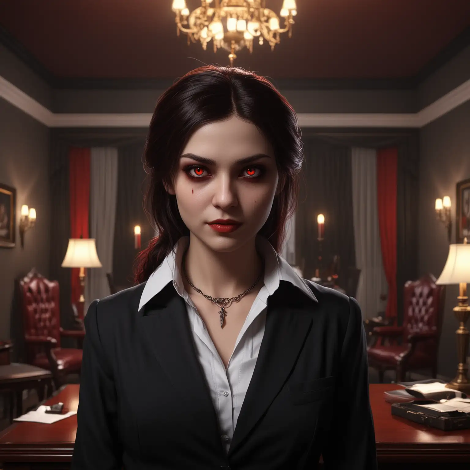A female Hecata vampire, seneschal, red glowing eyes, businesswoman, mortician, inside a fancy room, at night, realistic