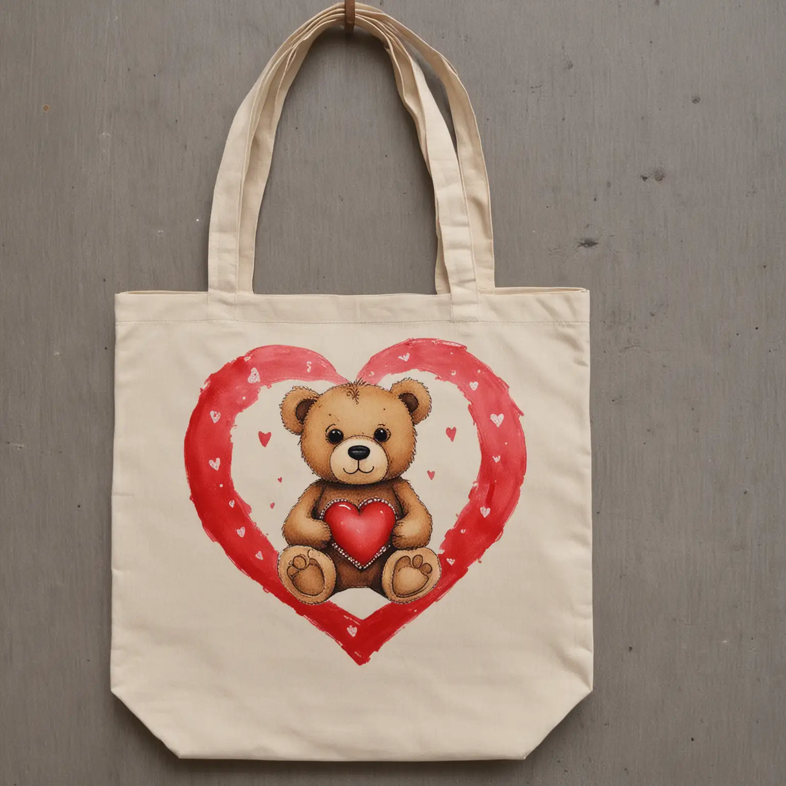 tote bag, hand painted, heart, teddy bear