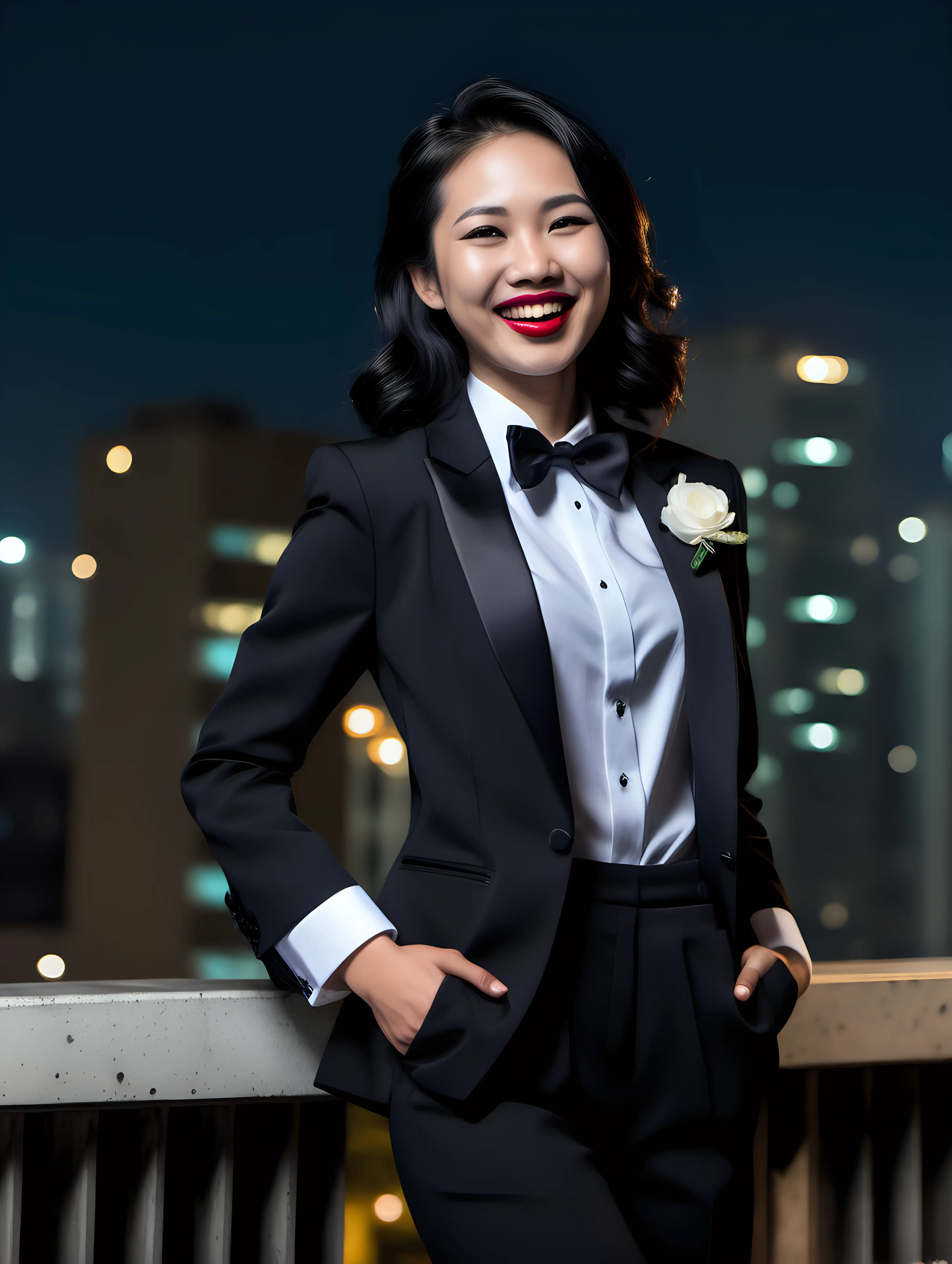 30 year old smiling and laughing Vietnamese woman with shoulder length black hair and lipstick wearing a tuxedo with a black bow tie. (Her shirt cuffs have cufflinks). Her jacket is white and has a corsage. She is standing on top of a building at night. She is facing forward. Her hands are in her pants pockets.