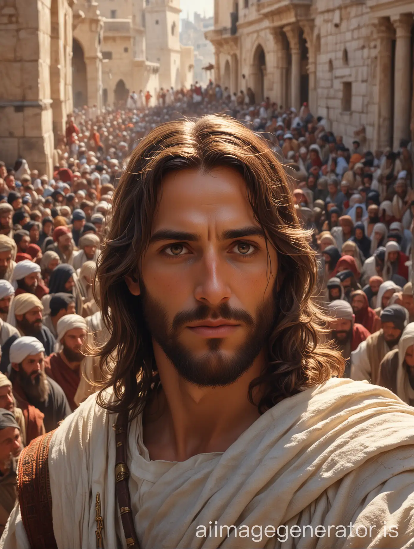 close up image of a male Jesus on the temple mount surrounded by people, Shutterstock, epic fantasy card game art, James Gurney and Andreas Rocha, highly detailed high resolution, high quality photography