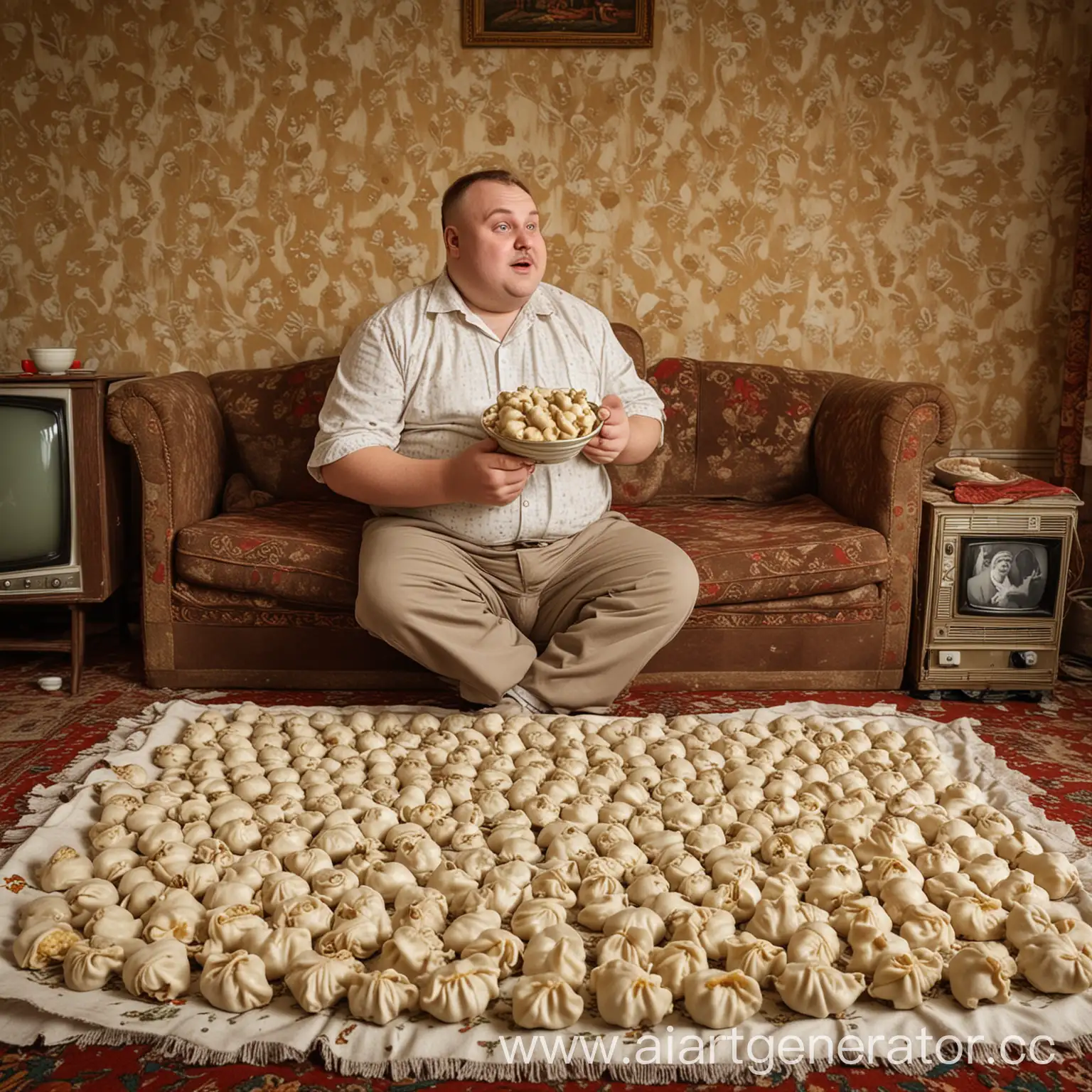 Man-Eating-Pelmeni-on-Old-Sofa-in-SovietEra-Room