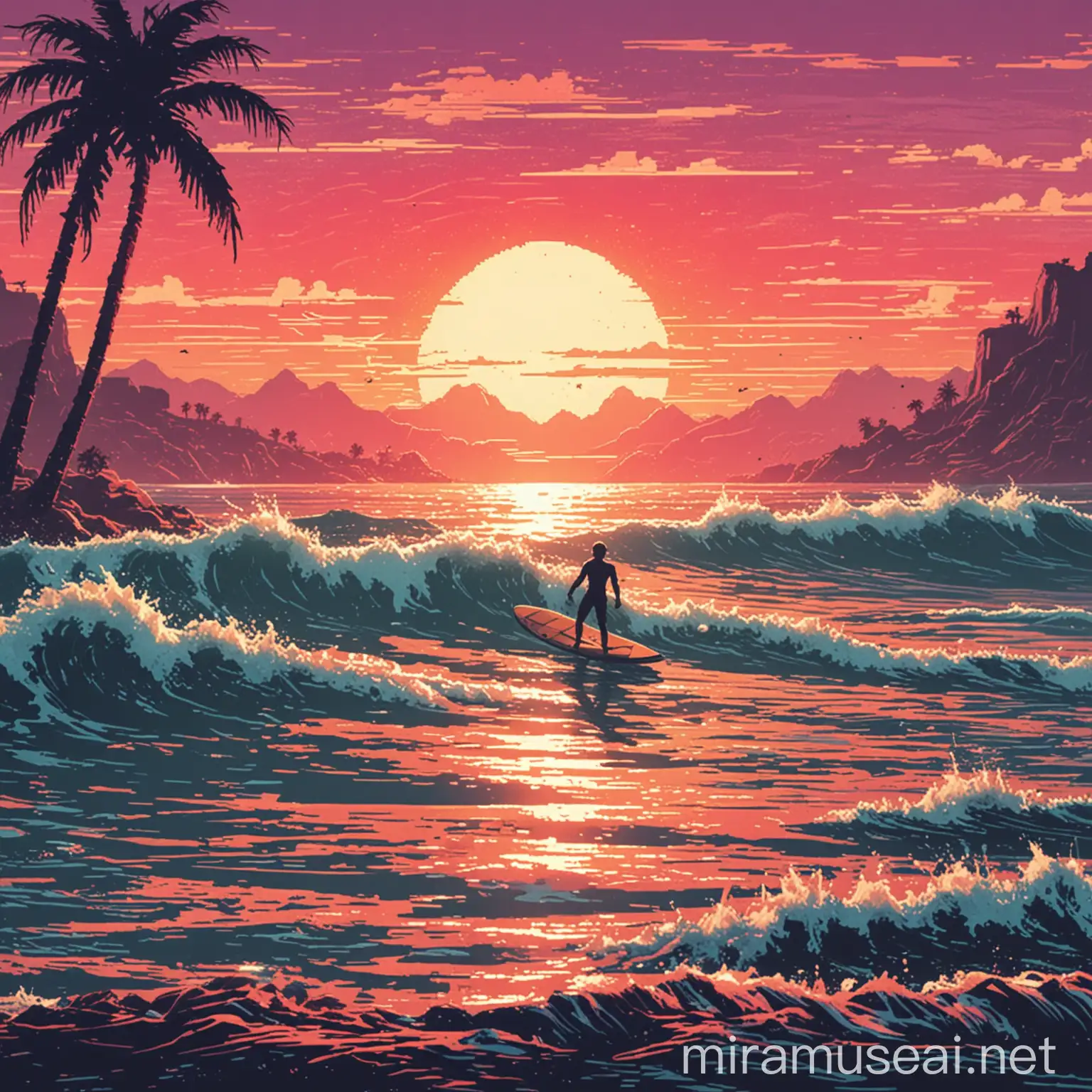 Pixel Retro Sunset Surfer Riding Waves in 80s Style