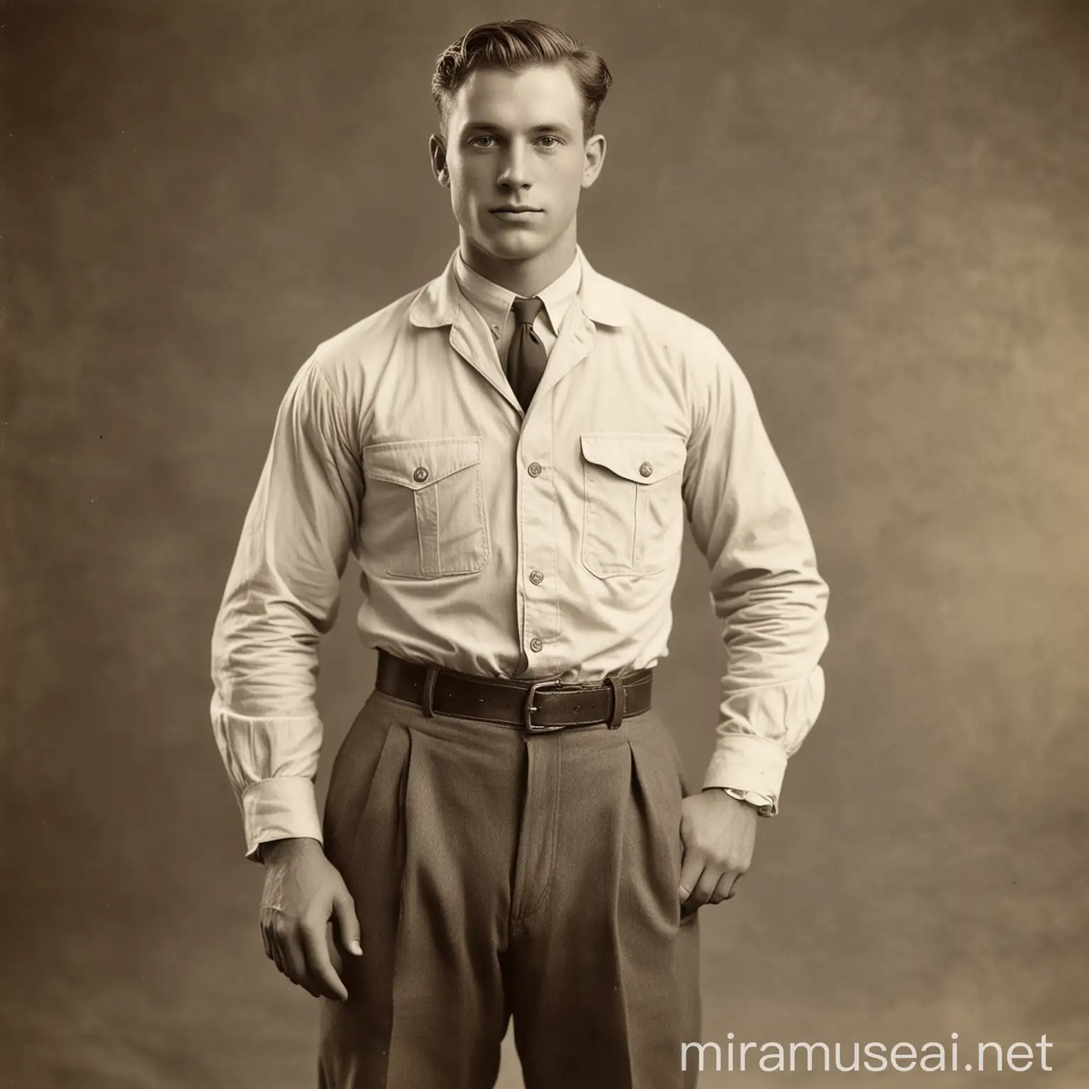 A photograph of a 28-year-old marine biologist, male wearing appropriate attire, photograph taken in 1926, perfect anatomy, perfect proportions