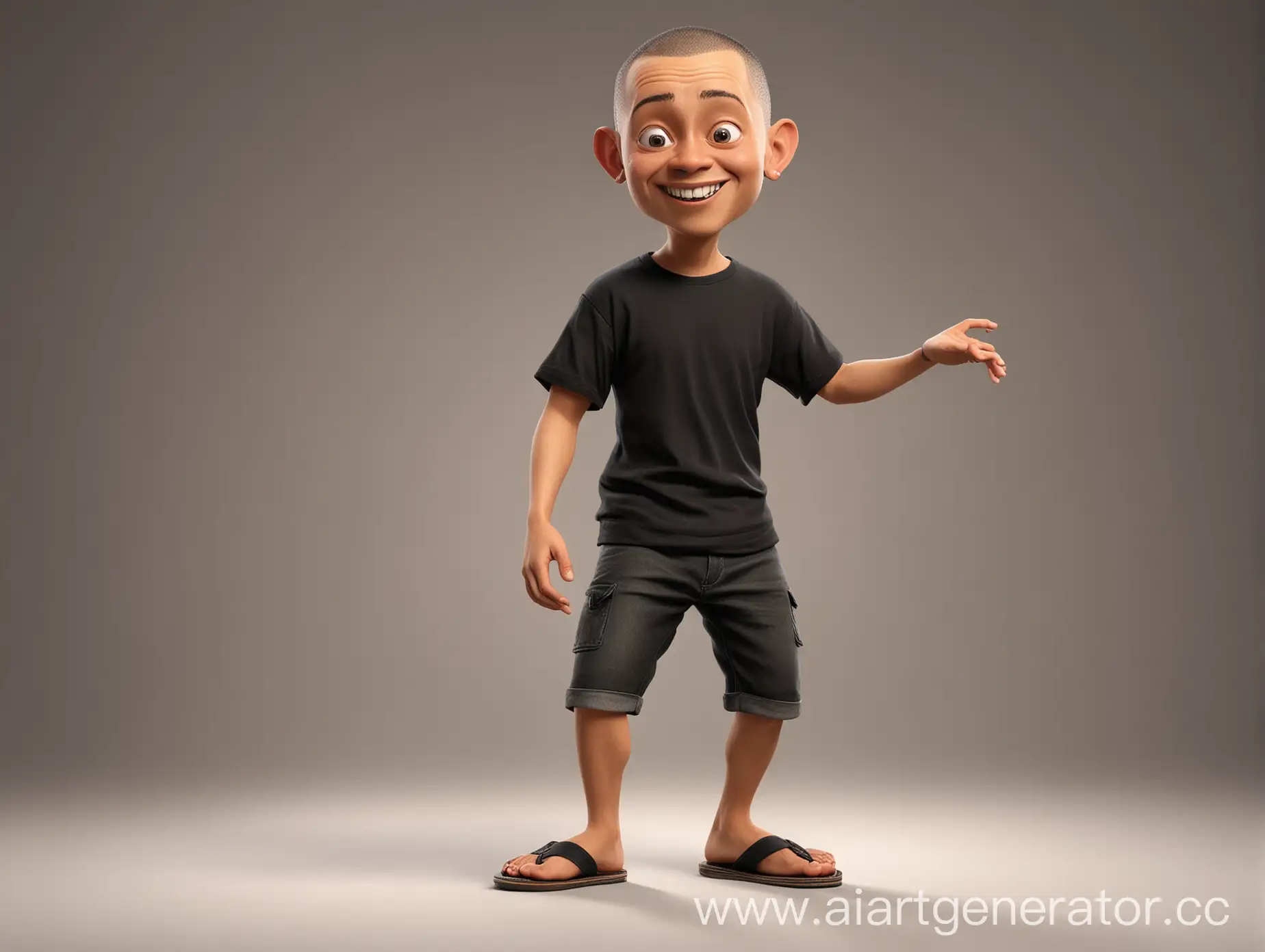Realistic 4D Caricature of a Sundanese innocent guy, buzz cut, normal face, small eyes, 15% body fat, 50 years old, wearing black t-shirt, sandals dancing in the photo studio , solid gradients background 