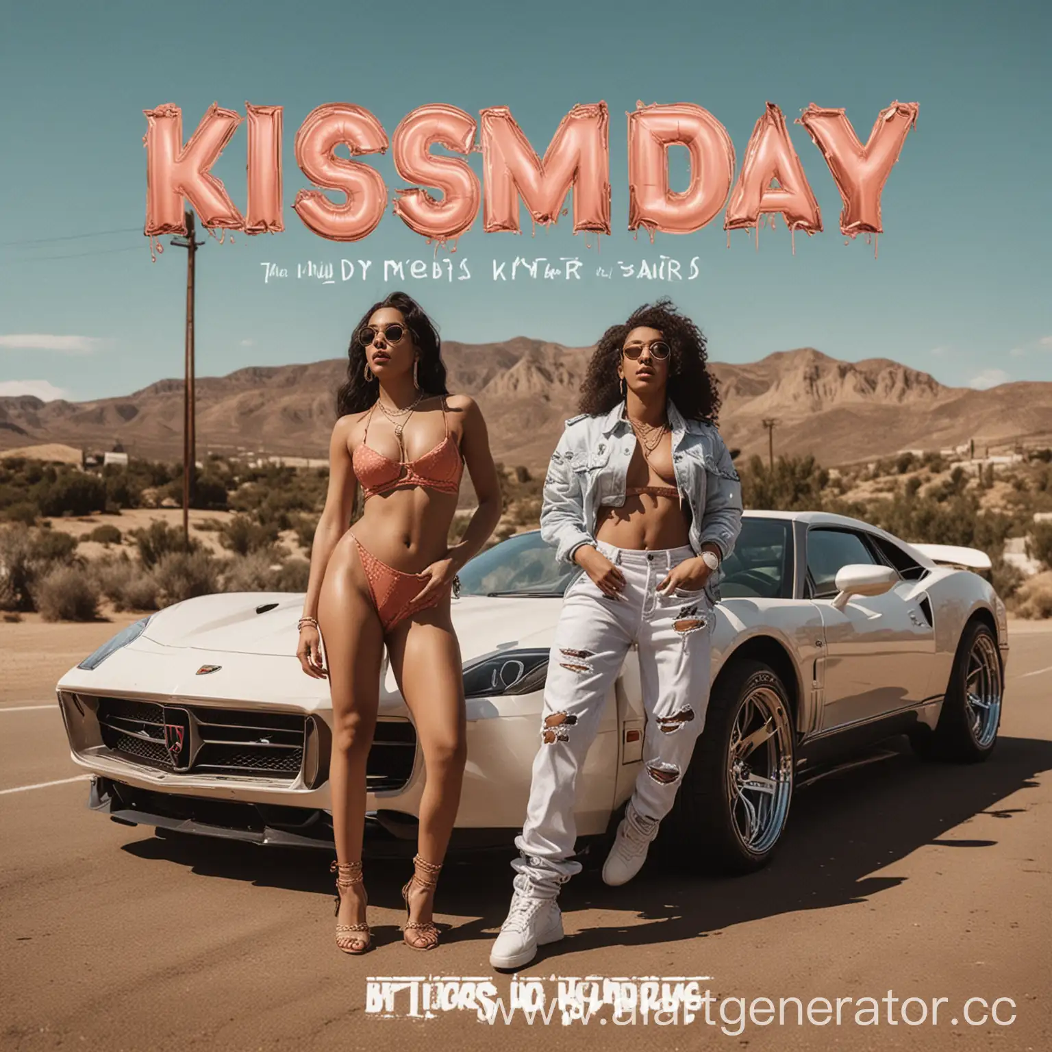 обложка для трека, рэп, большими буквами KISS MY DAY, дорогие машины