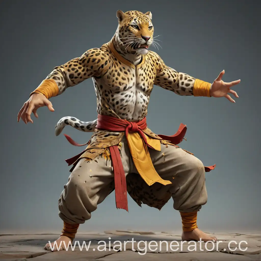 леопард в рванной одежде монаха шаолинь, стоит в боевой стойке, 3d render