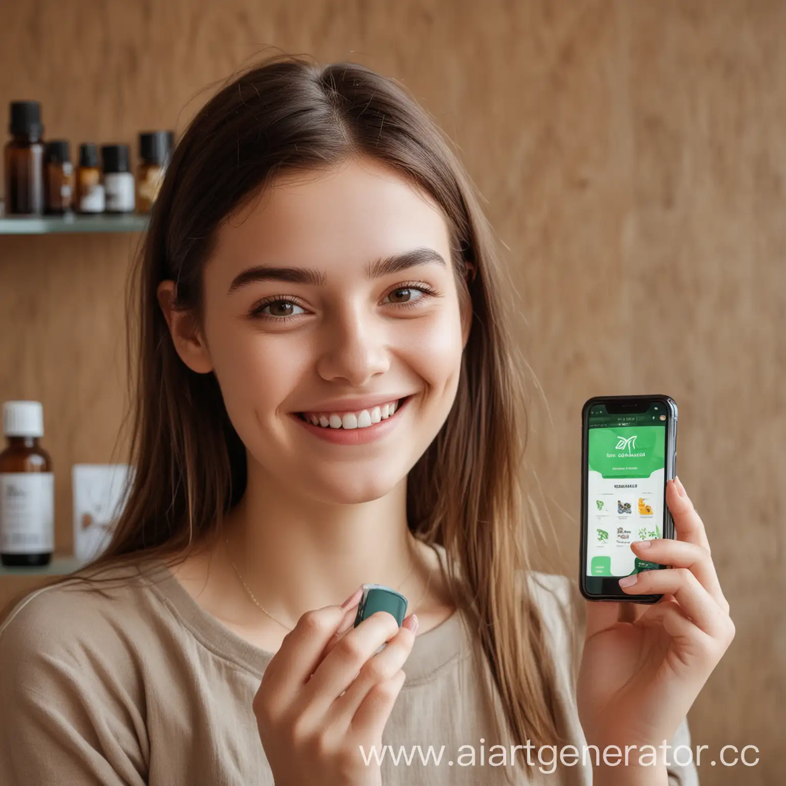 Девушка на фоне мобильного приложения, на приложения с карточками товаров эфирных масел, на вид лед 20 , улыбается