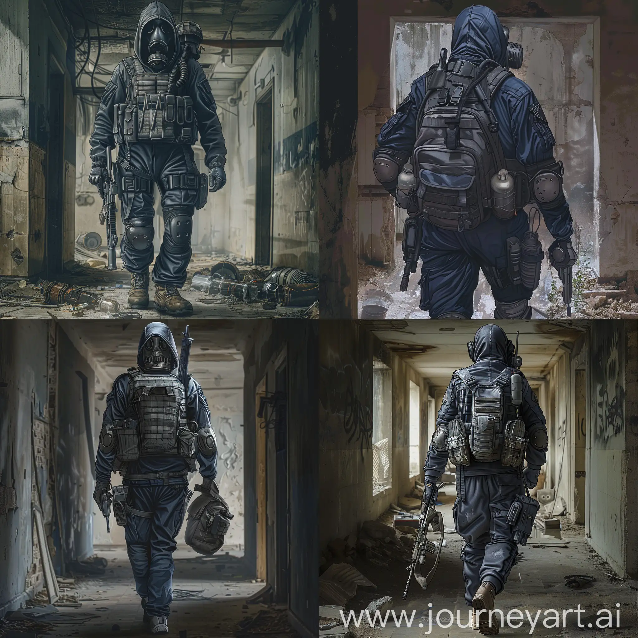 Digital art is a lone mercenary from the universe of S.T.A.L.K.E.R., dressed in a dark blue military jumpsuit, gray military armor on his body, a gasmask on his face, a military backpack on his back, a weapon in his hands, he walk alone in abandoned soviet bunker, horror style.