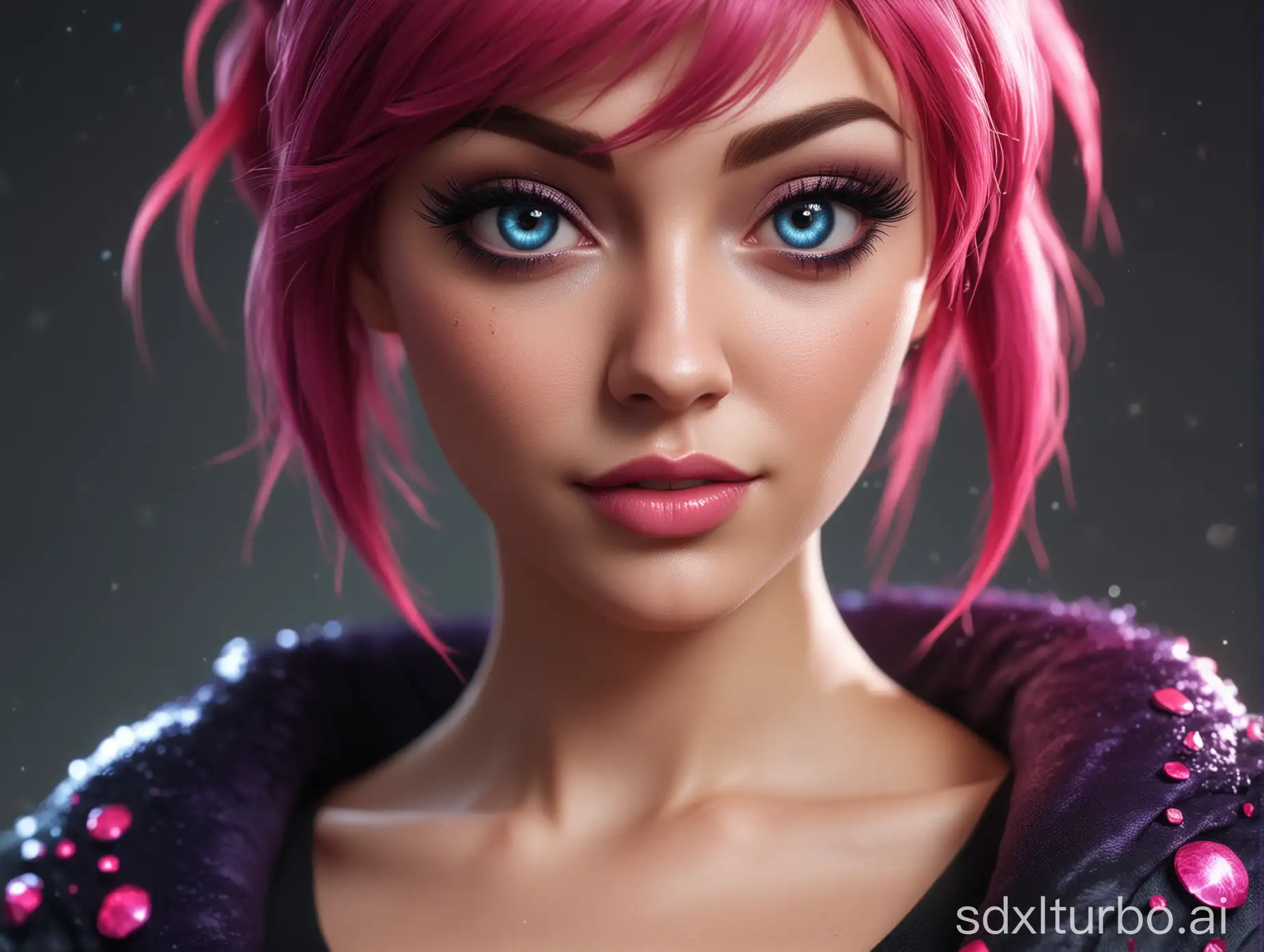 real-life Evelynn from League of Legends at macro scale, focus on details, focus of depth of perception, focus on small imperfections, 8k, particles in the air, ambient occlusion, natural hairs