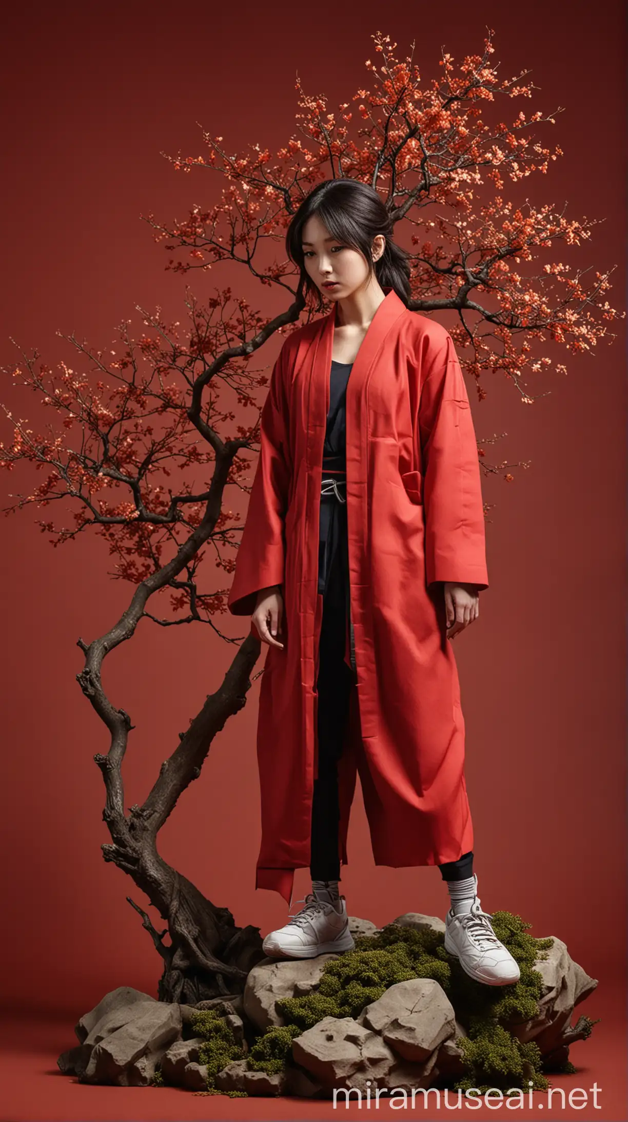 Japanese Streetwear High Fashion Editorial Confident Model in Red Bonsai Garden