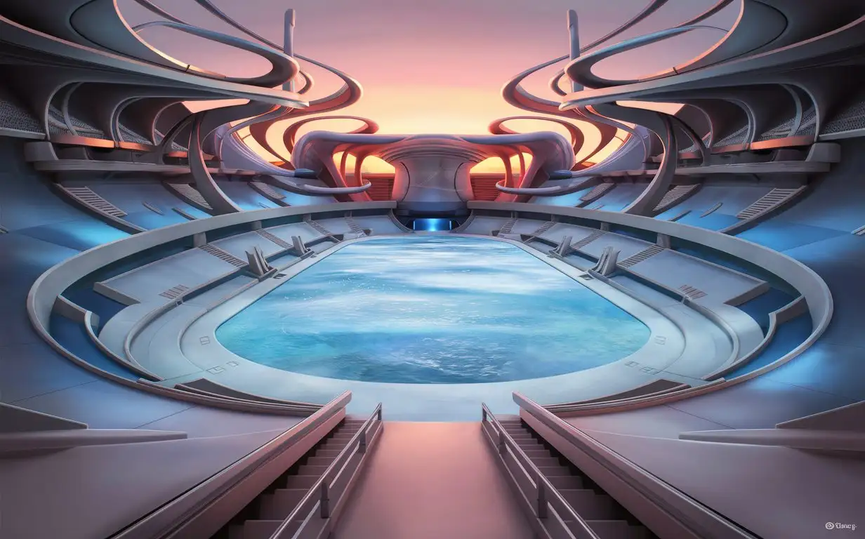 a technology exhibition hall in the twilight, a spacious and smooth floor square inside, empty floor, flat, overall bluish tone. Modern building style, fluent lines, two sides have viewing platforms, the focus point in the exhibition hall is the spacious square, front view, symmetrical composition, competitive atmosphere yet serene, game art style, 3D rendering, cartoon style, Disney style, Floor as pool filled with water