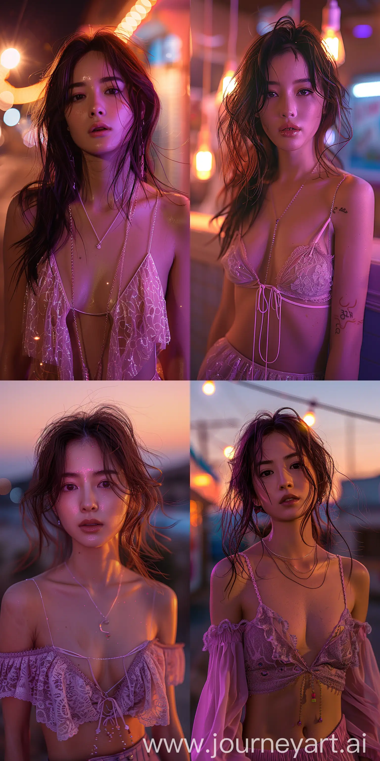 asian girl wearing an elegant top or dress at night, in the style of iconic album covers, neon-infused digitalism, animated gifs, light purple and light amber, i can't believe how beautiful this is, soft-focus portraits, chicano-inspired --ar 1:2 --stylize 750 --v 6